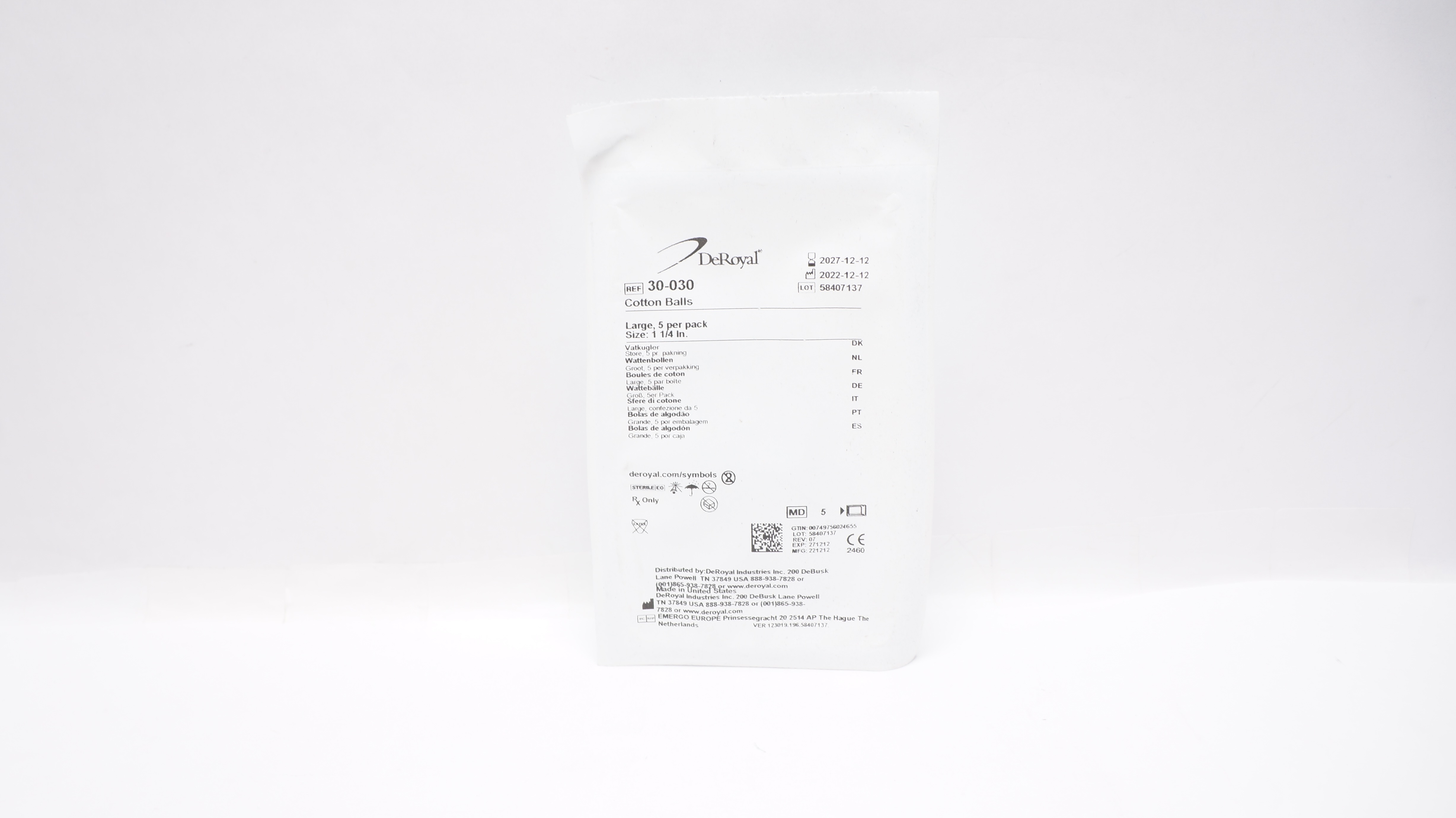 DeRoyal 30-030 Cotton Balls Large Size 1-1/4inch - Pack of 5