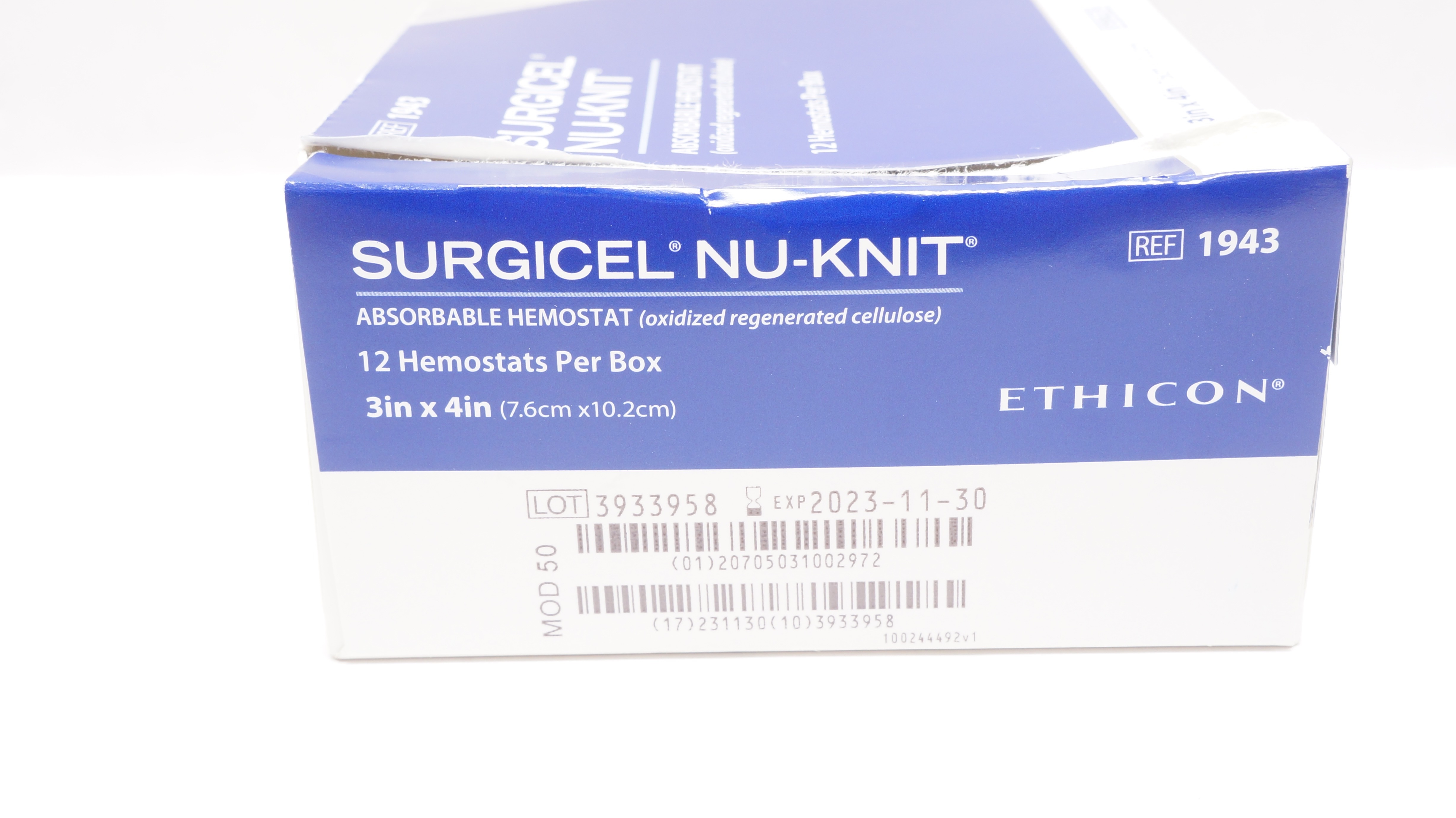 Ethicon 1943 Surgicel Nu-Knit Absorbable Hemostat 3inch x 4inch - Box of 12