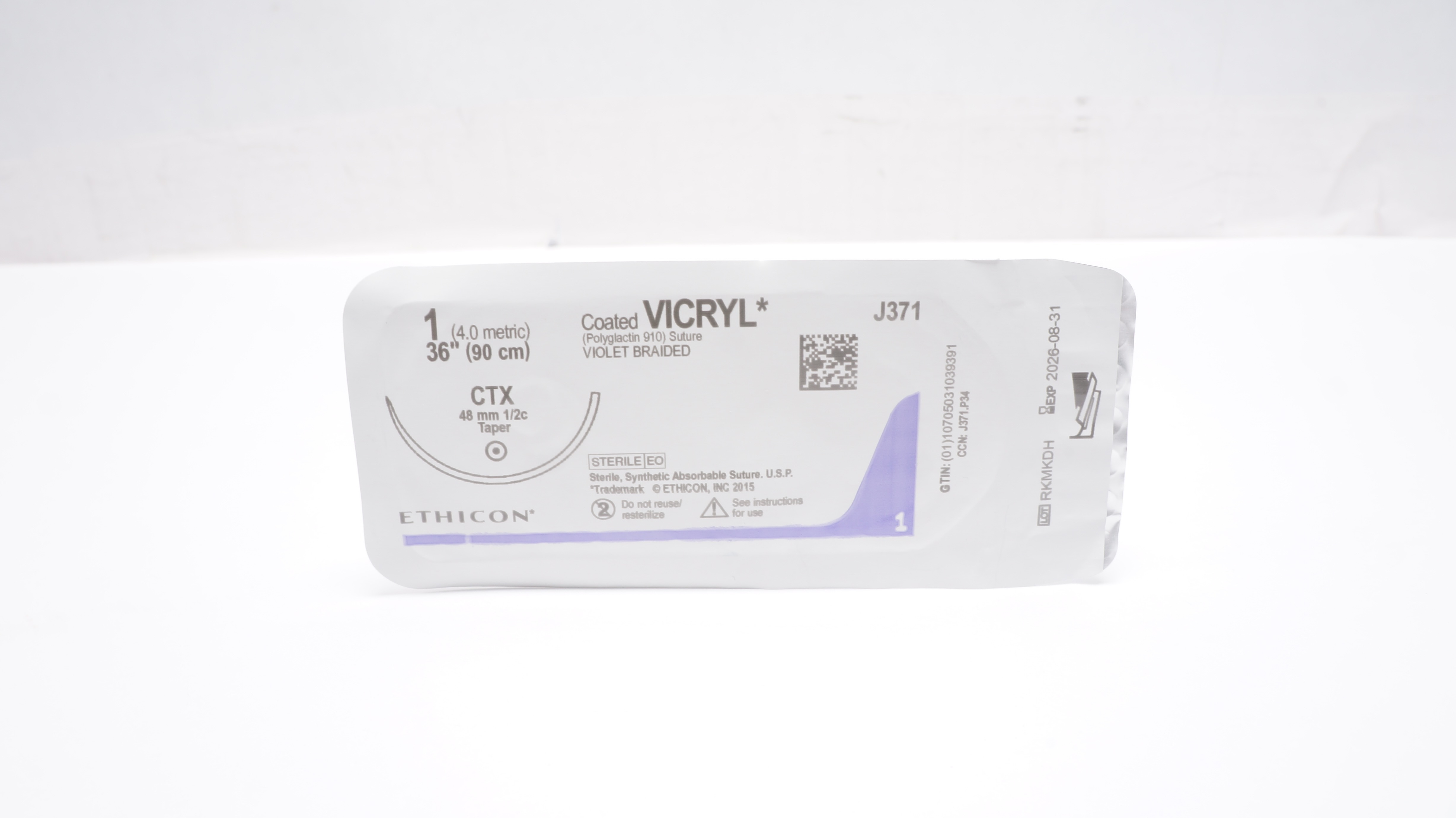 Ethicon J371 1 Coated VICRYL Polyglactin Stre CTX 48 mm 1/2c Taper 36 inch