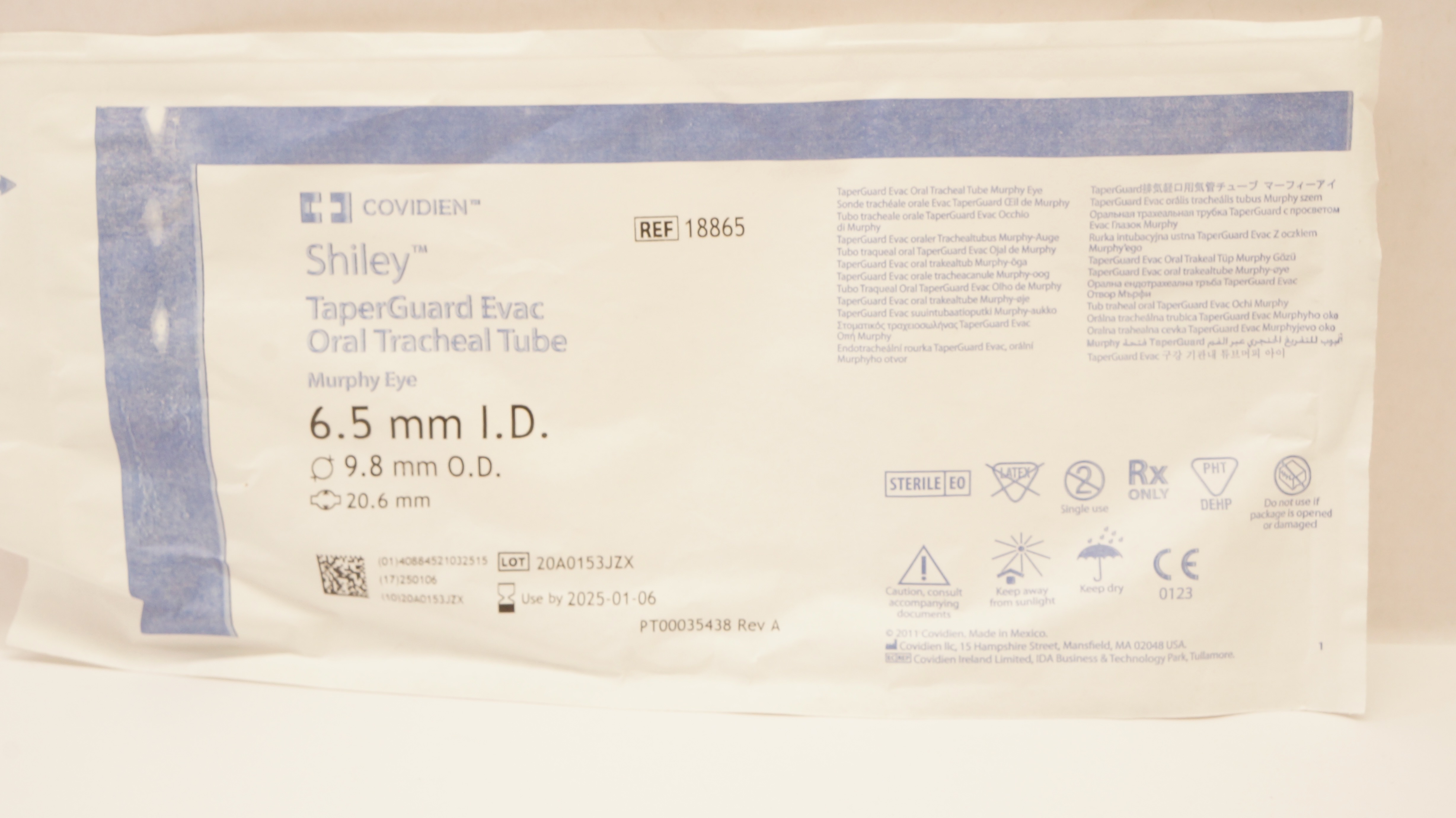 Covidien 18865 Shiley TaperGuard Evac Oral Tracheal Tube 6.5ID x 9.8ODx 20.6mm