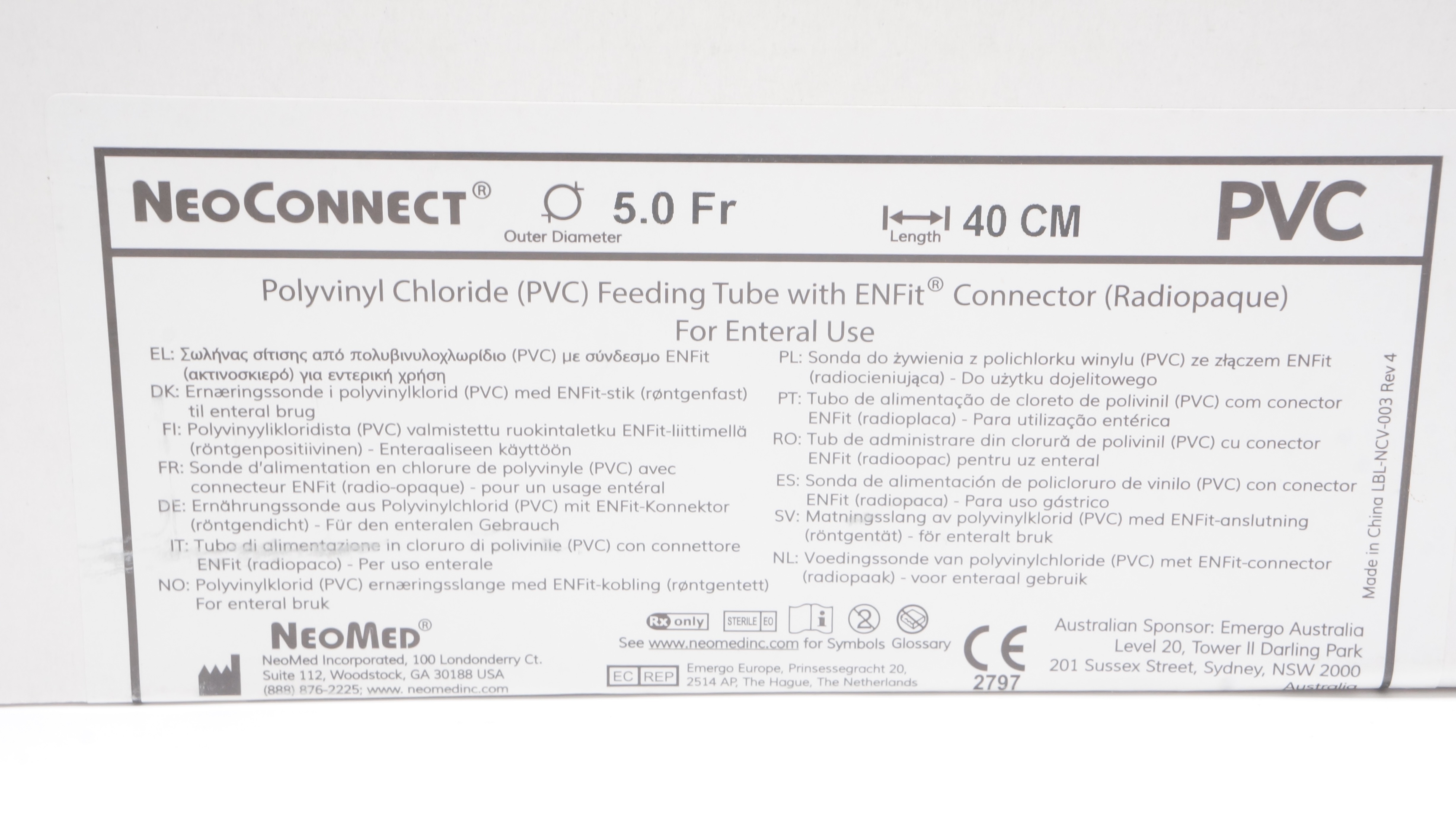 NeoMed PFTS5.0V-NC NeoConnect PVC Feeding Tube 5.0Fr x 40cm (x) - Box of 25