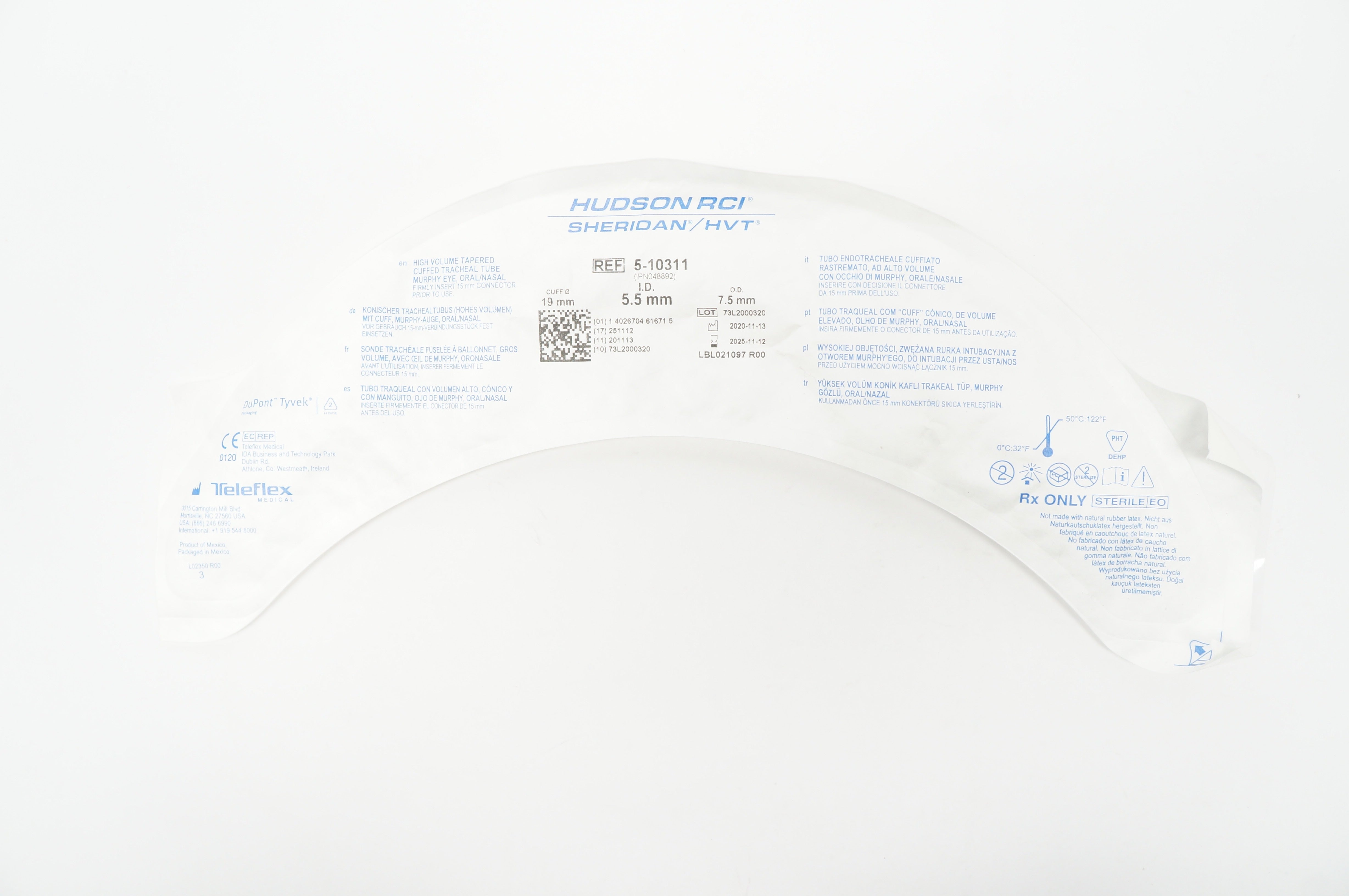 Teleflex 5-10311 Hudson RCI Cuffed Tracheal Tube Murphy Eye 5.5mm x 7.5mm