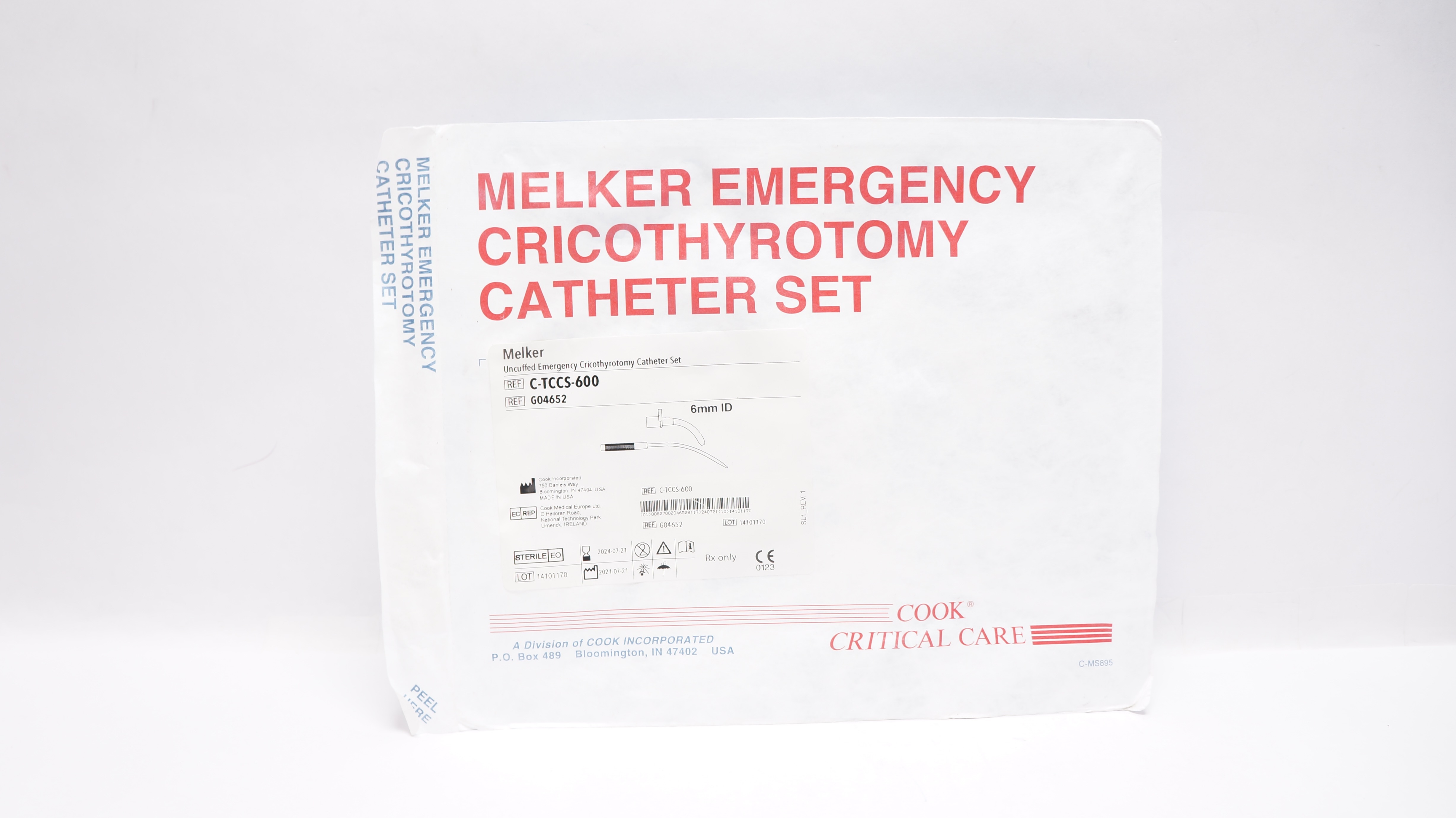 Cook Medical G04652 Melker Uncuffed Emergency Cricothyrotomy Cath. Set 6mm ID