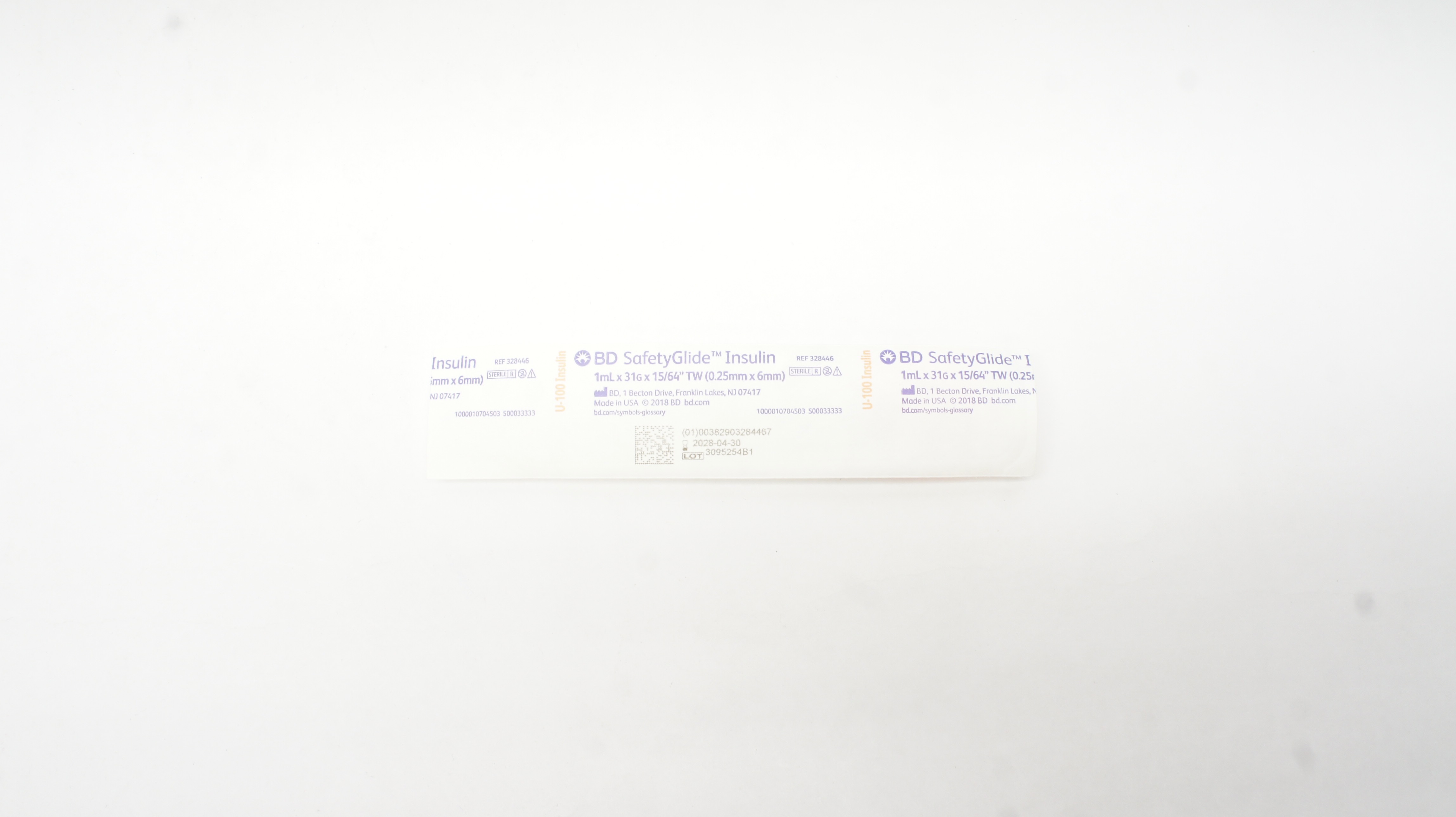 BD 328446 SafetyGlide U-100 Insulin Syringe 1 mL x 31G x 15/64inch TW