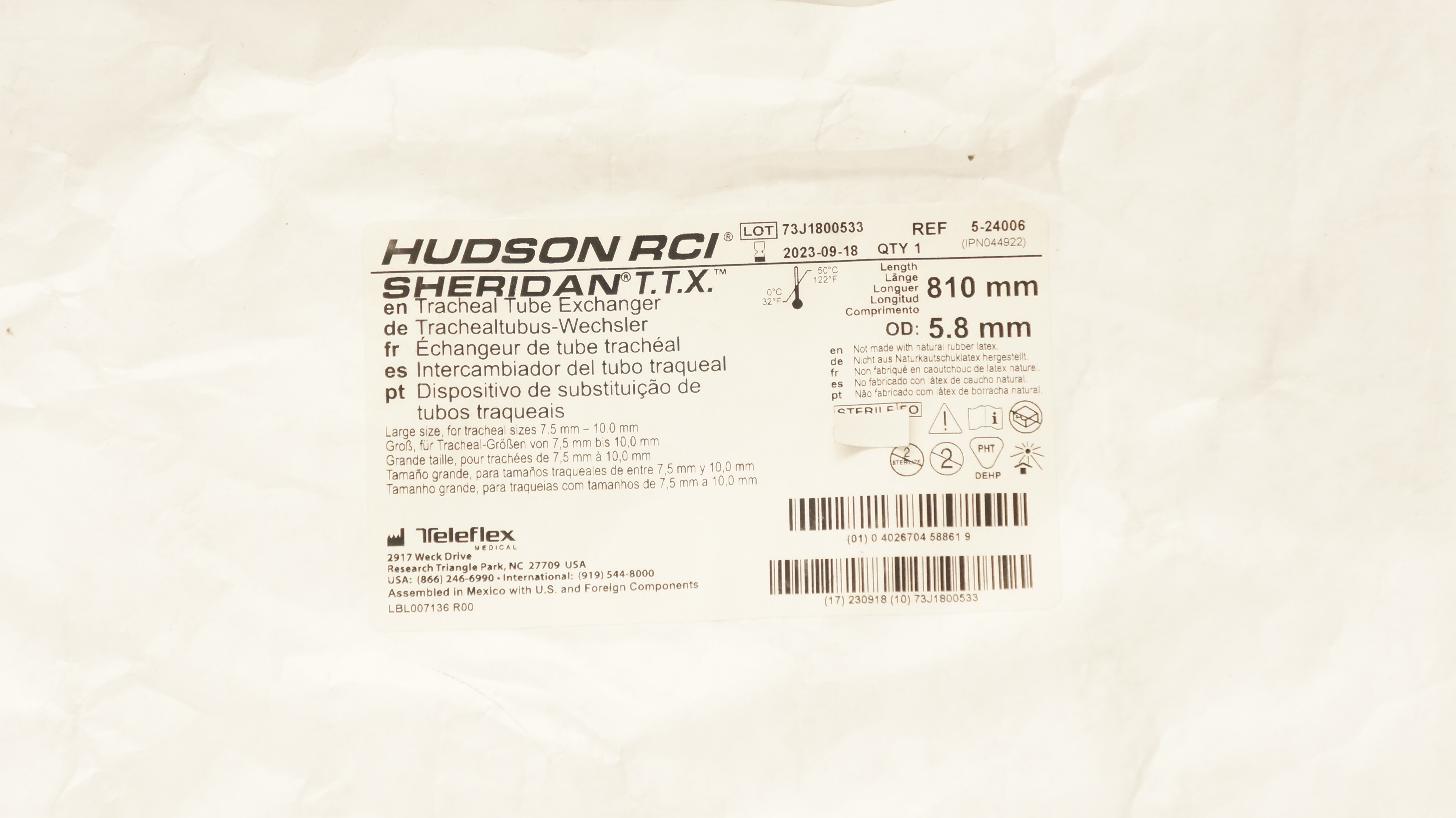 Teleflex 5-24006 Hudson RCI Sheridan T.T.X. Tracheal Tube Exchanger 810 x 5.8mm