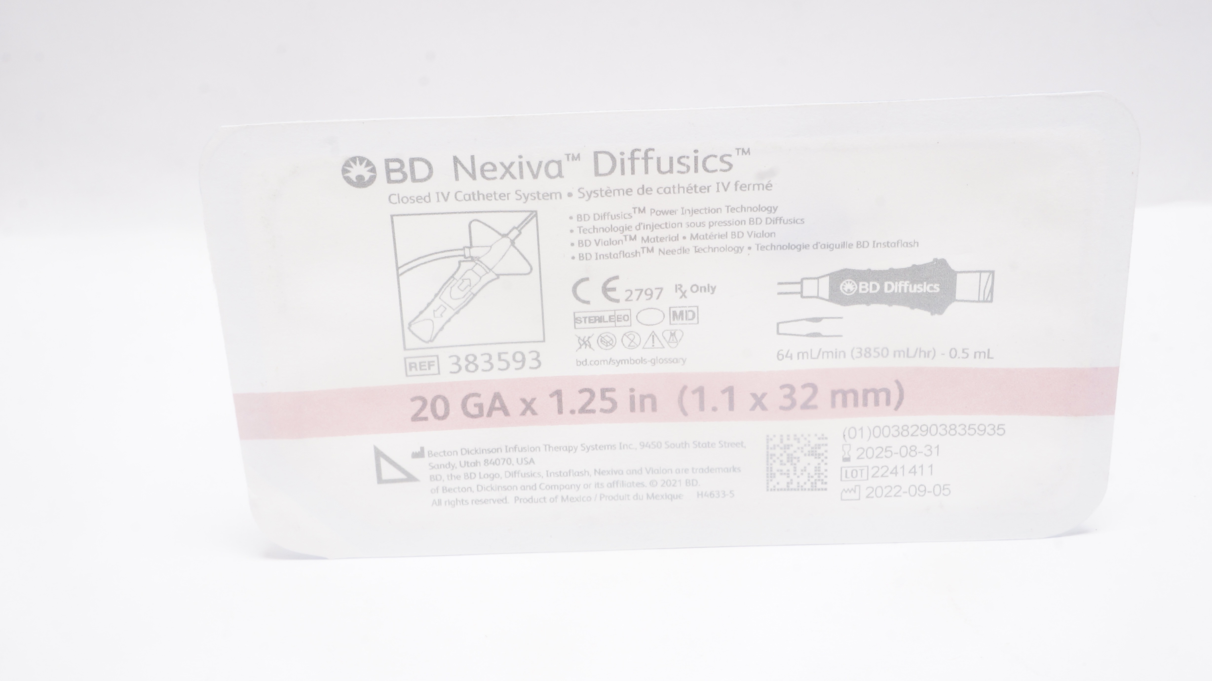 BD 383593 Nexiva Diffusics Closed IV Cath. System 20GA x 1.25inch 64mL/min