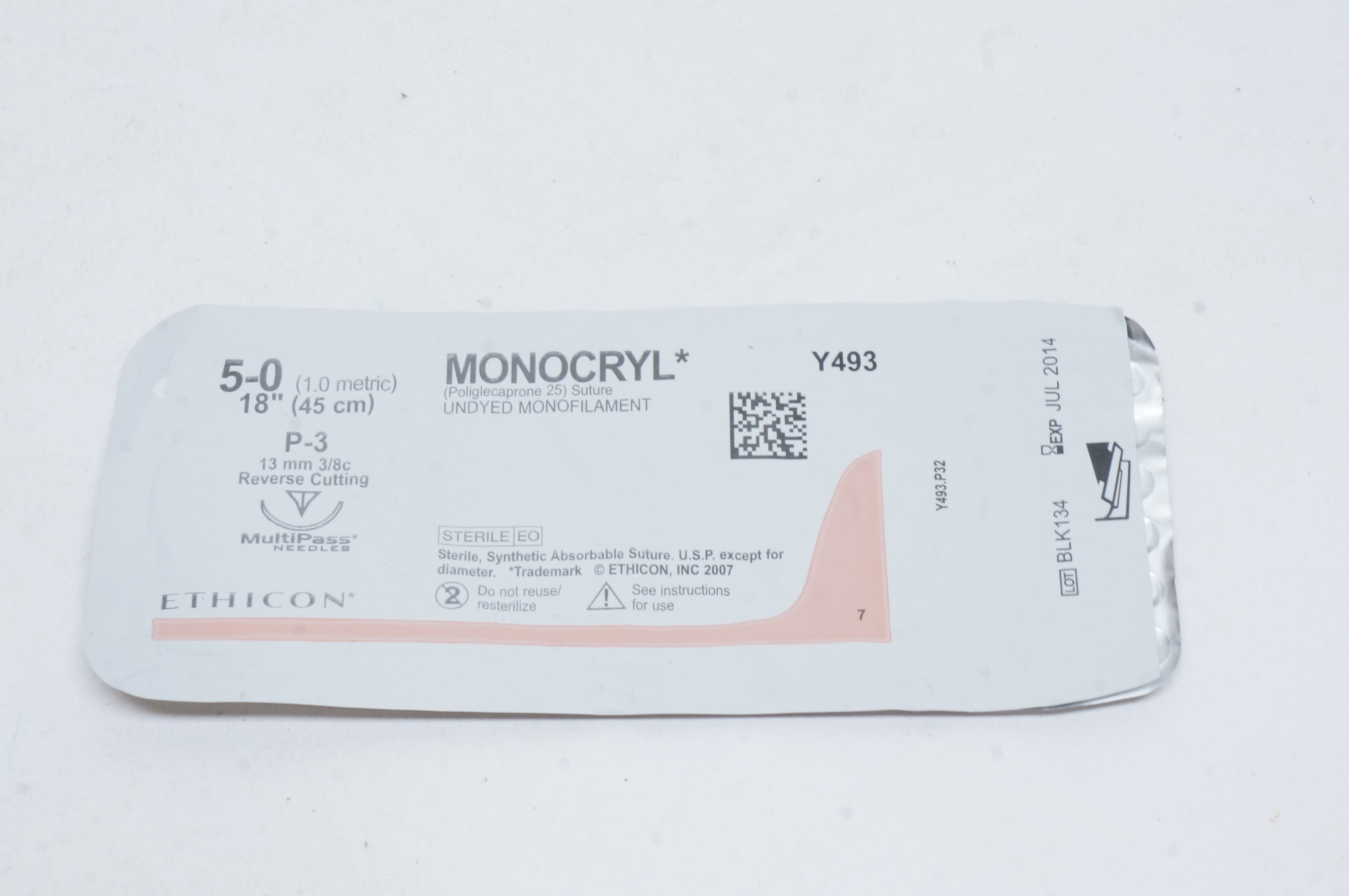Ethicon Y493 5-0 MONOCRYL, P-3, 13mm 3/8c Reverse Cutting, 18inch (x)