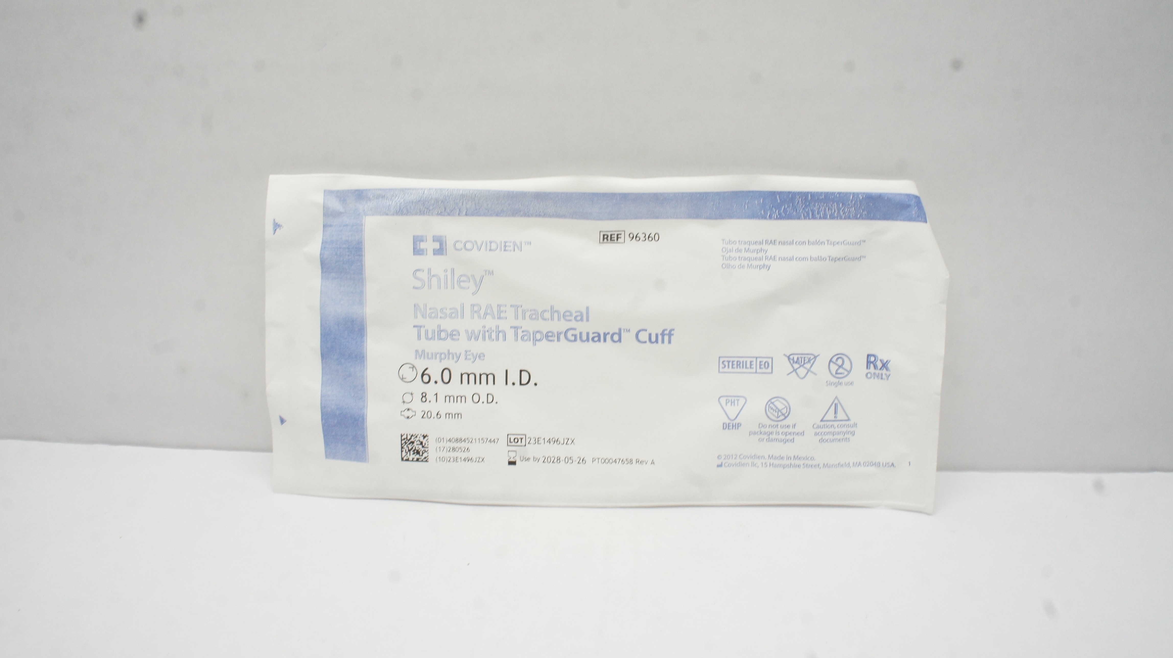 Covidien 96360 Shiley Nasal RAE Tracheal Tube TaperGuard Cuff 6.0ID x 8.1mm OD