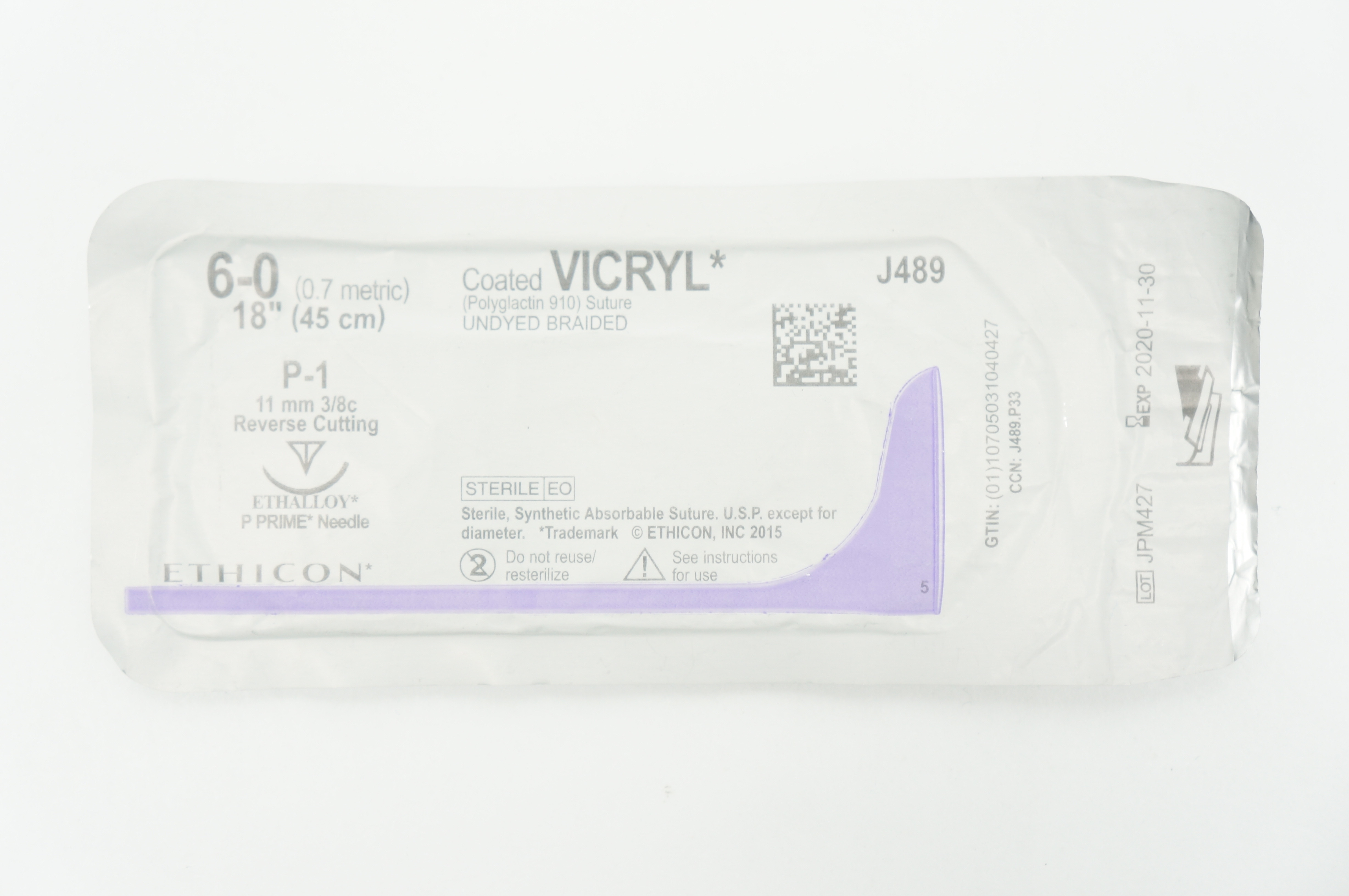 Ethicon J489 6-0 VICRYL P-1 11mm 3/8c Reverse Cutting 18inch (x)
