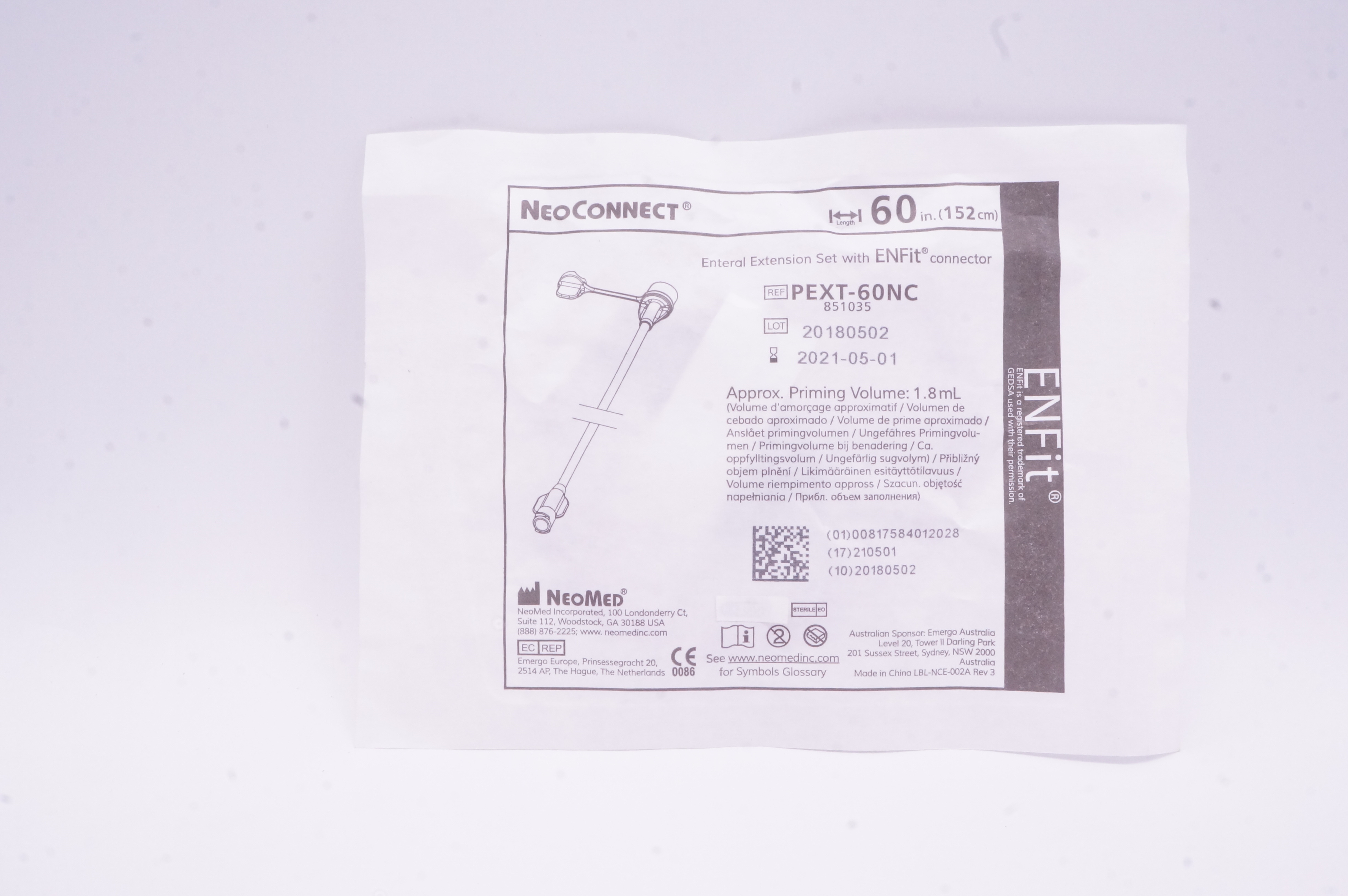 NeoMed PEXT-60NC NeoConnect Enteral Extension Set With ENFIT Connector 60 inch