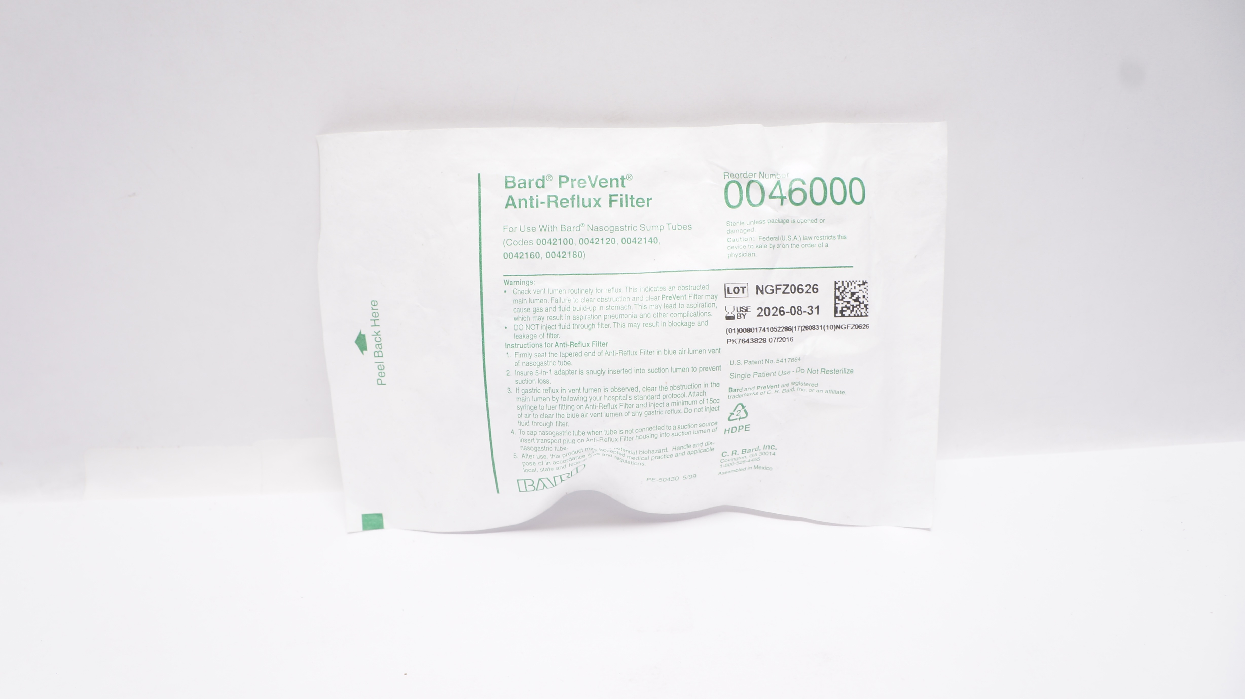 Bard 0046000 PreVent Anti-Reflux Filter