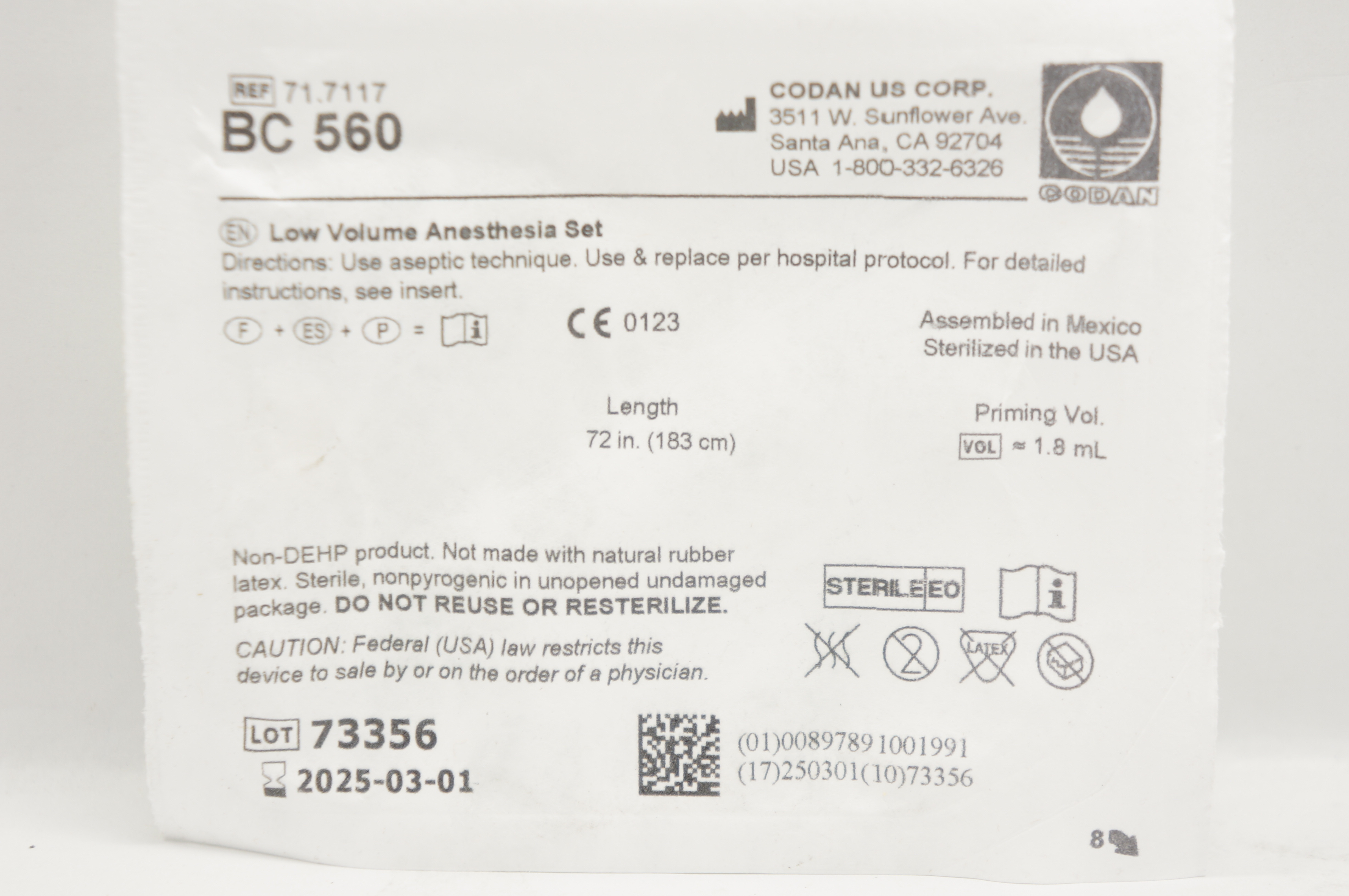 Codan 71.7117/BC 560 Low Volume Anesthesia Set 72inch x 1.8mL