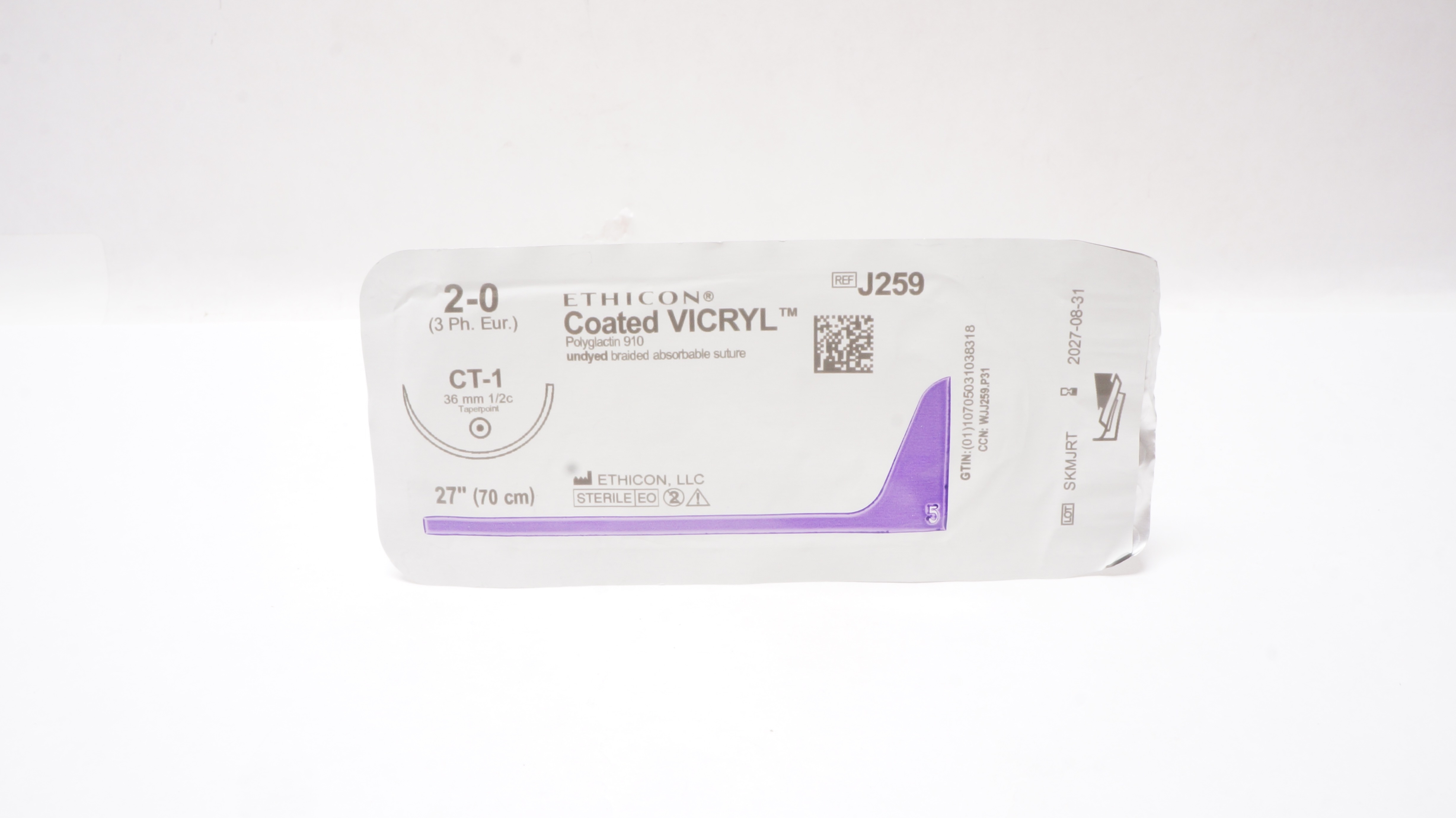Ethicon J259 2-0 Coated VICRYL Polyglactin Stre CT-1 36mm 1/2c Taperpoint 27inch