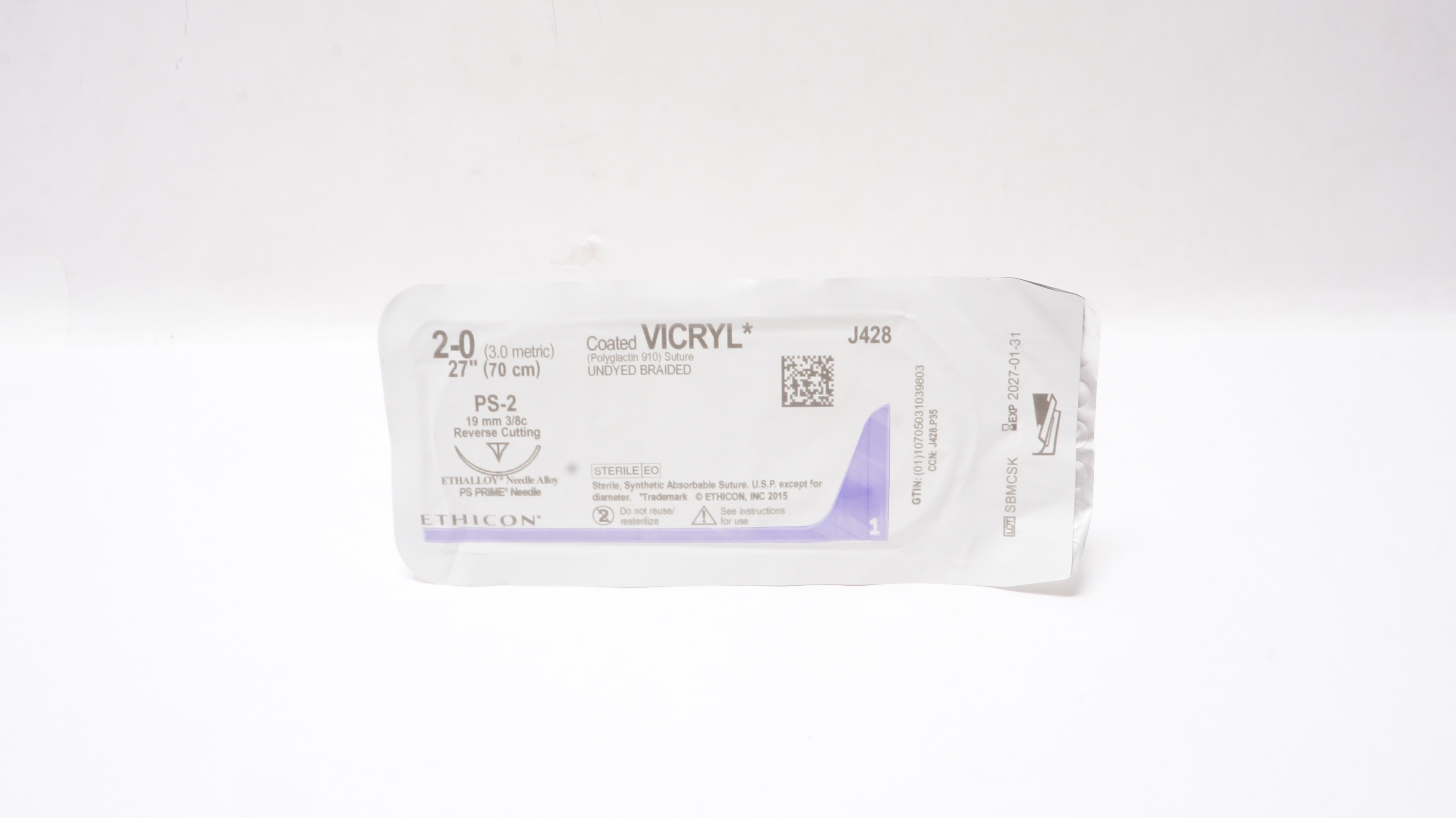 Ethicon J428 2-0 Coated Vicryl Stre PS-2 19mm 3/8c Reverse Cutting, 27inch