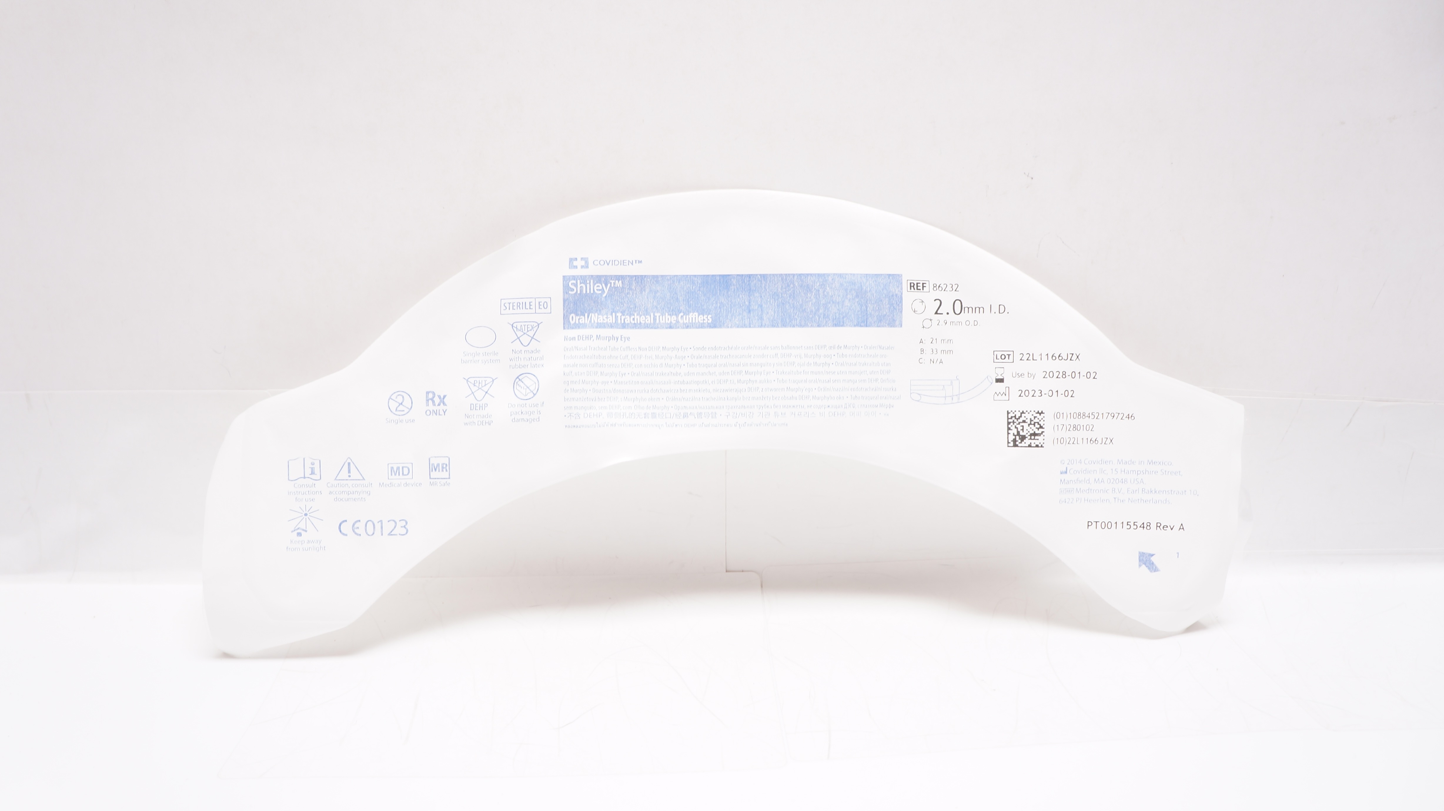 Covidien 86232 Shiley Oral/Nasal Endotracheal Tubes Cuffless 2.0mm ID x 2.9mm OD