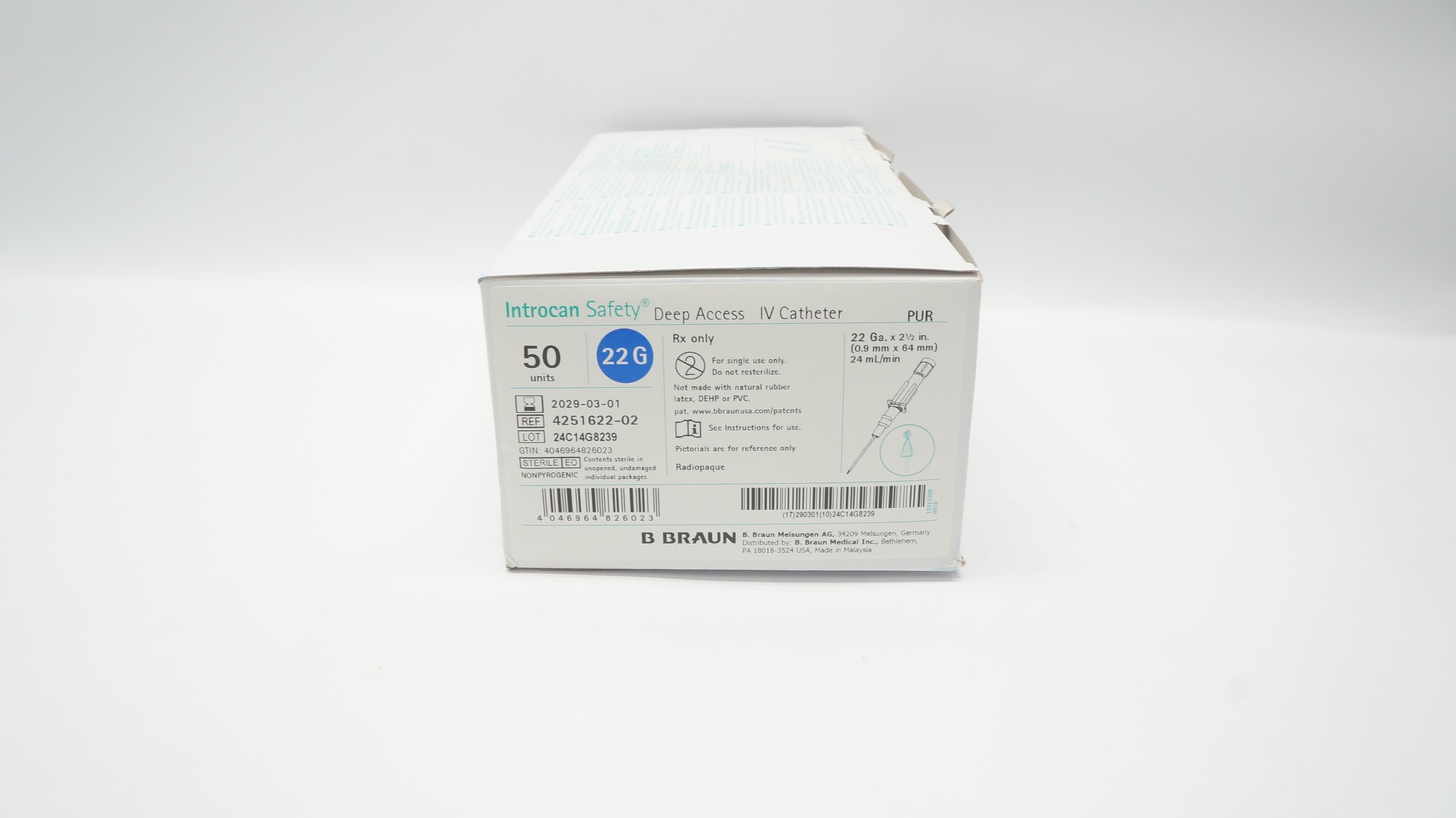 Braun 4251622-02 Introcan Safety Deep Access IV Cath. 22G - box of 50
