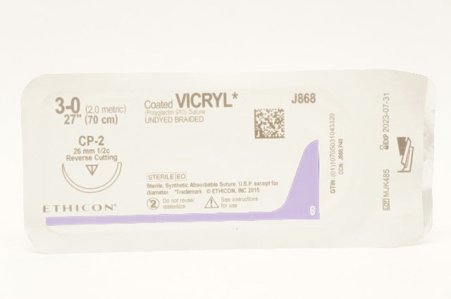 Ethicon J868 3-0 Coated VICRYL CP-2 26mm 1/2c Reverse Cutting, 27inch