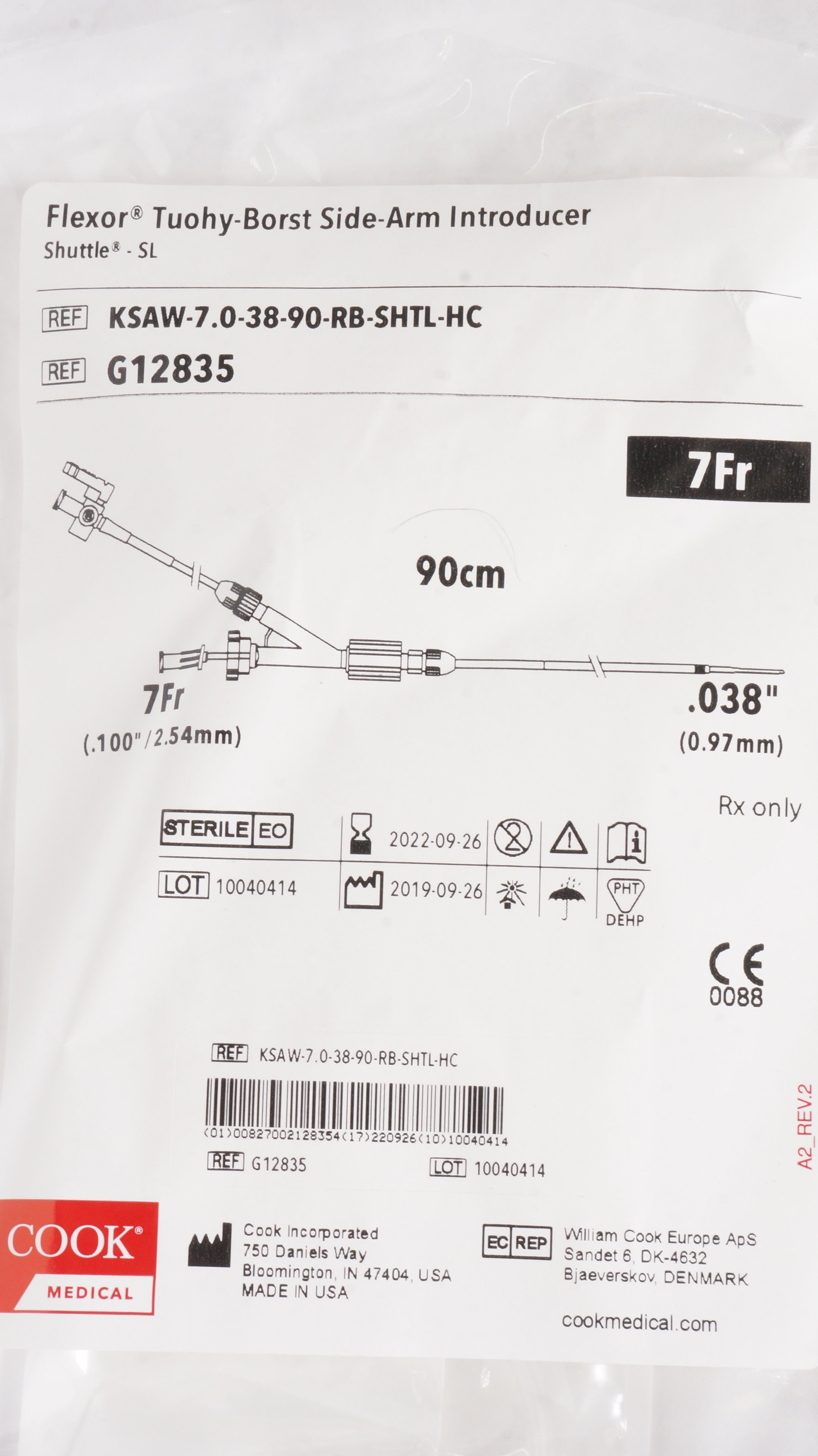 Cook Medical G12835 Flexor Tuohy-Borst Side-Arm Introducer 7Frx90cmx .038inch(x)