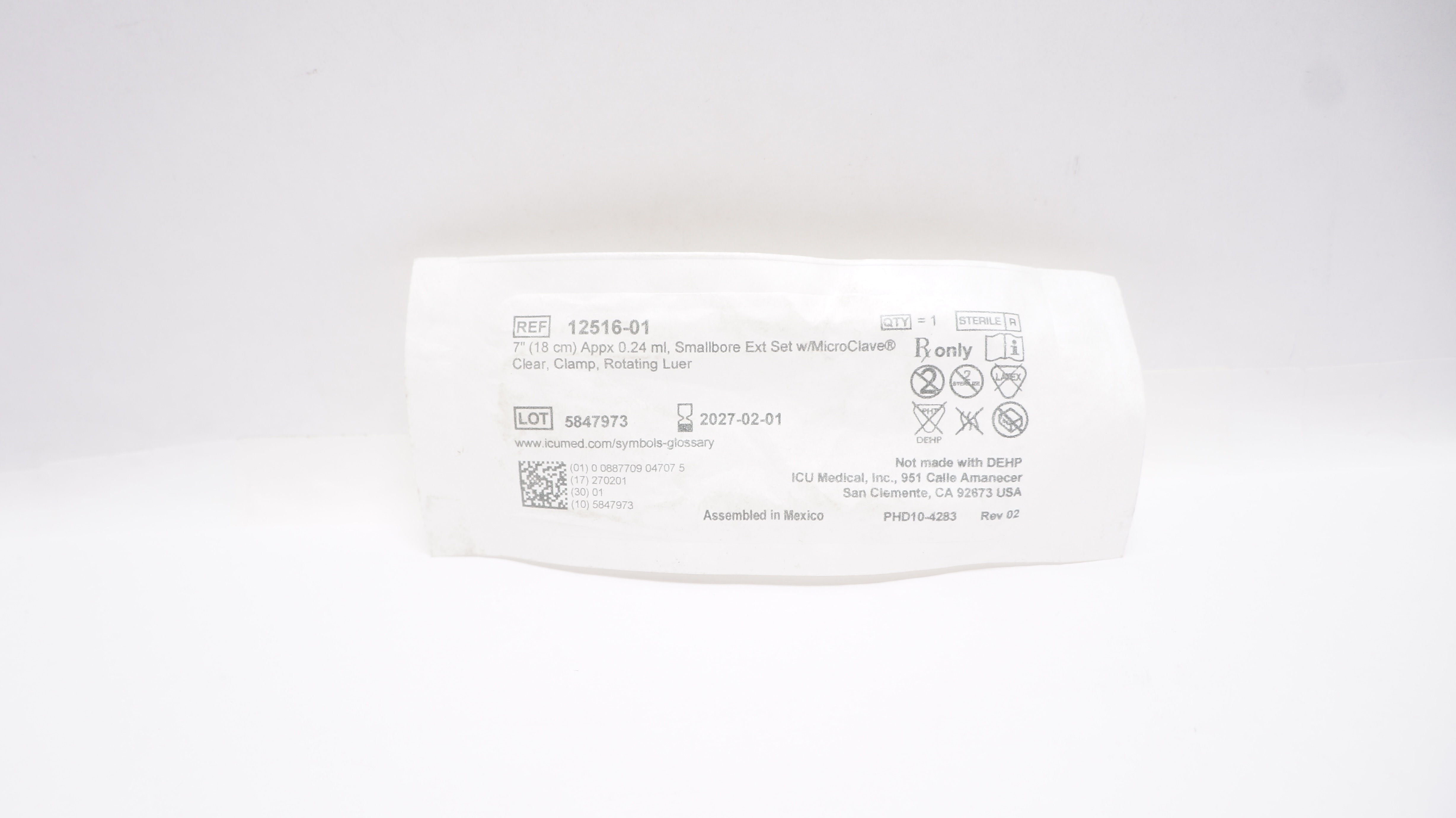 ICU Medical 12516-01 Smallbore Extension Set 7inch x 0.24mL