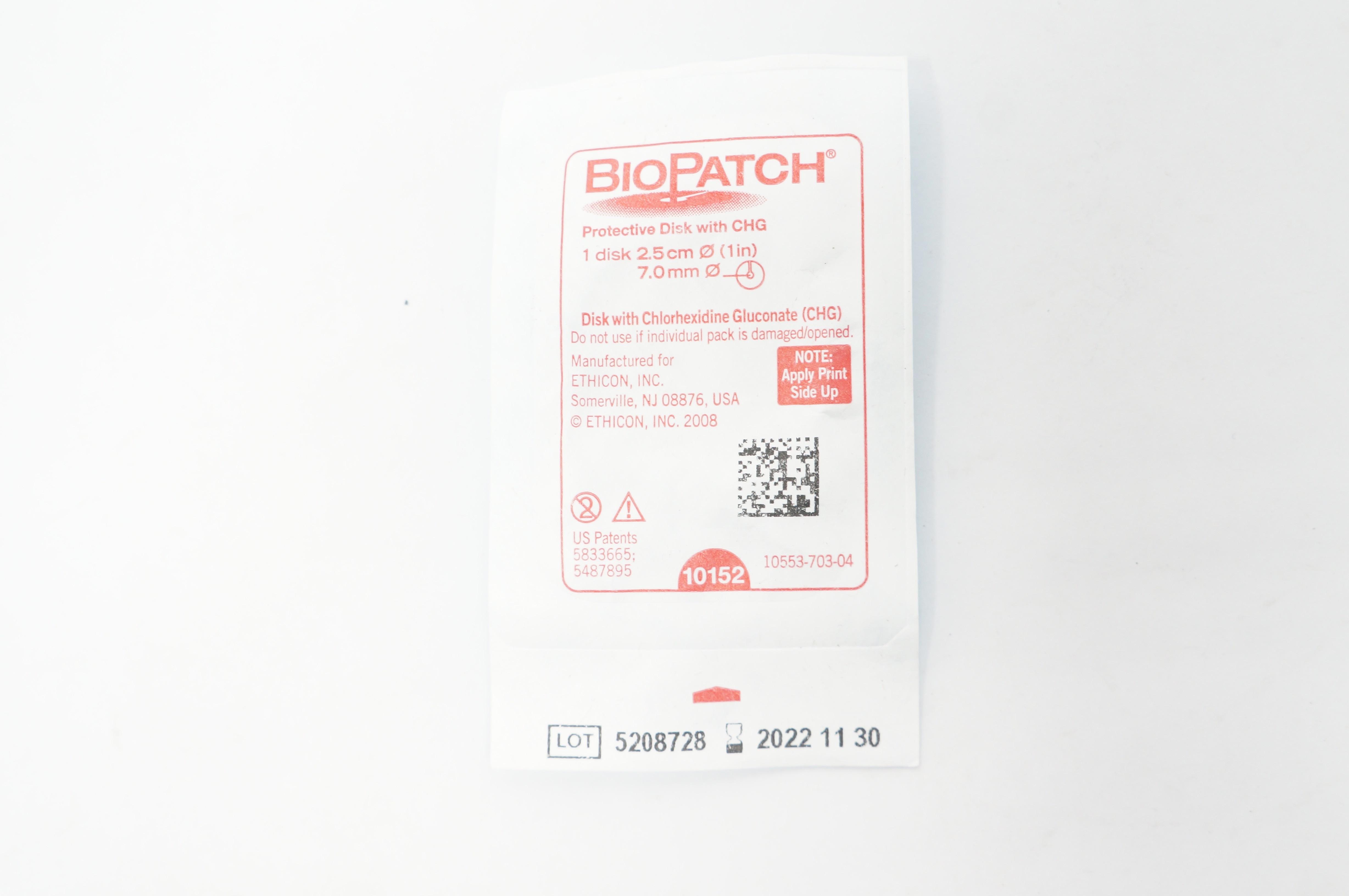 Ethicon 10152 BioPatch Protevtive Disk with CHG 2.5cm x 7mm
