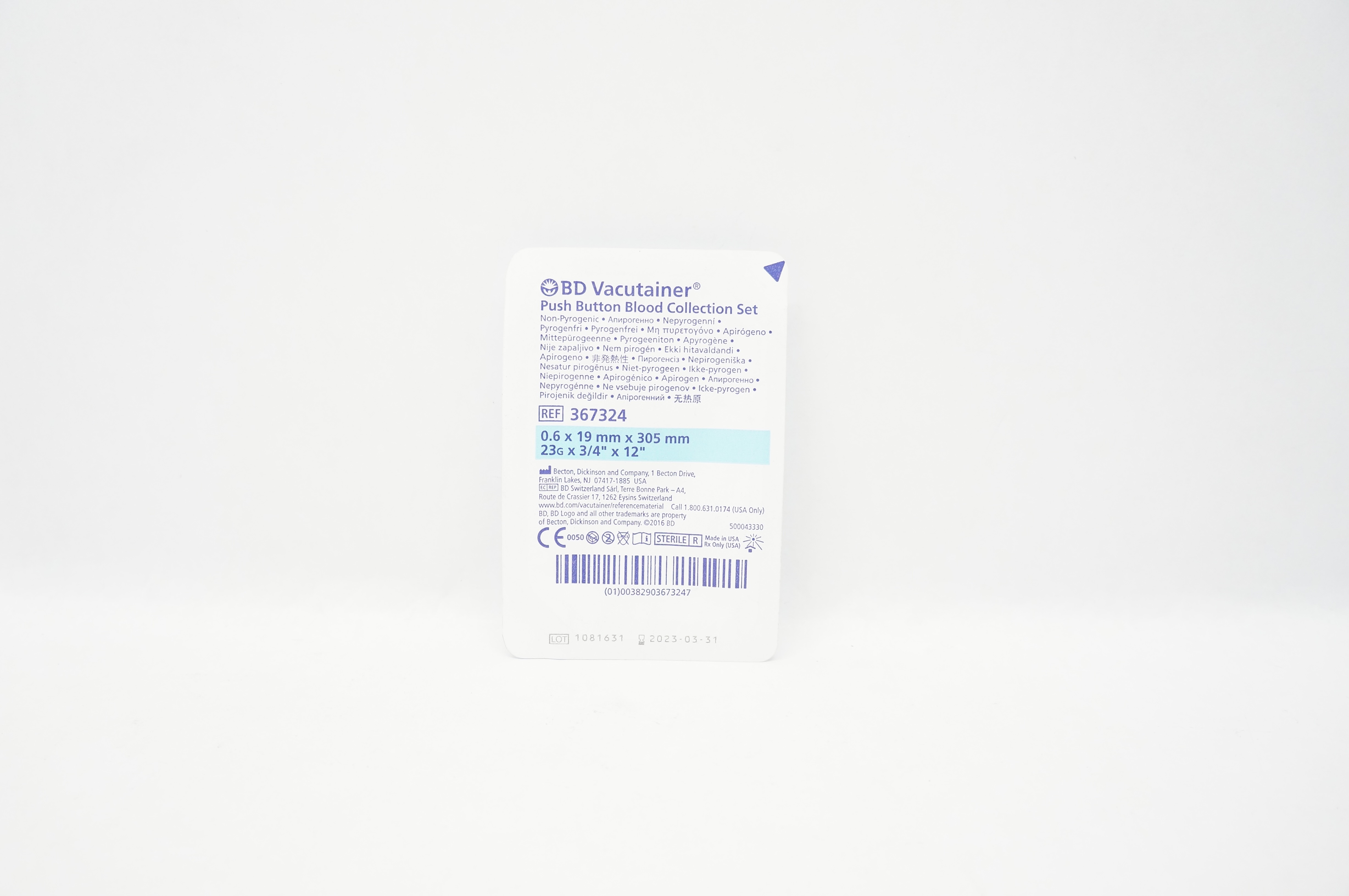 BD 367324 Vacutainer Push Button Blood Collection Set 23G x 3/4inch x 12inch (x)