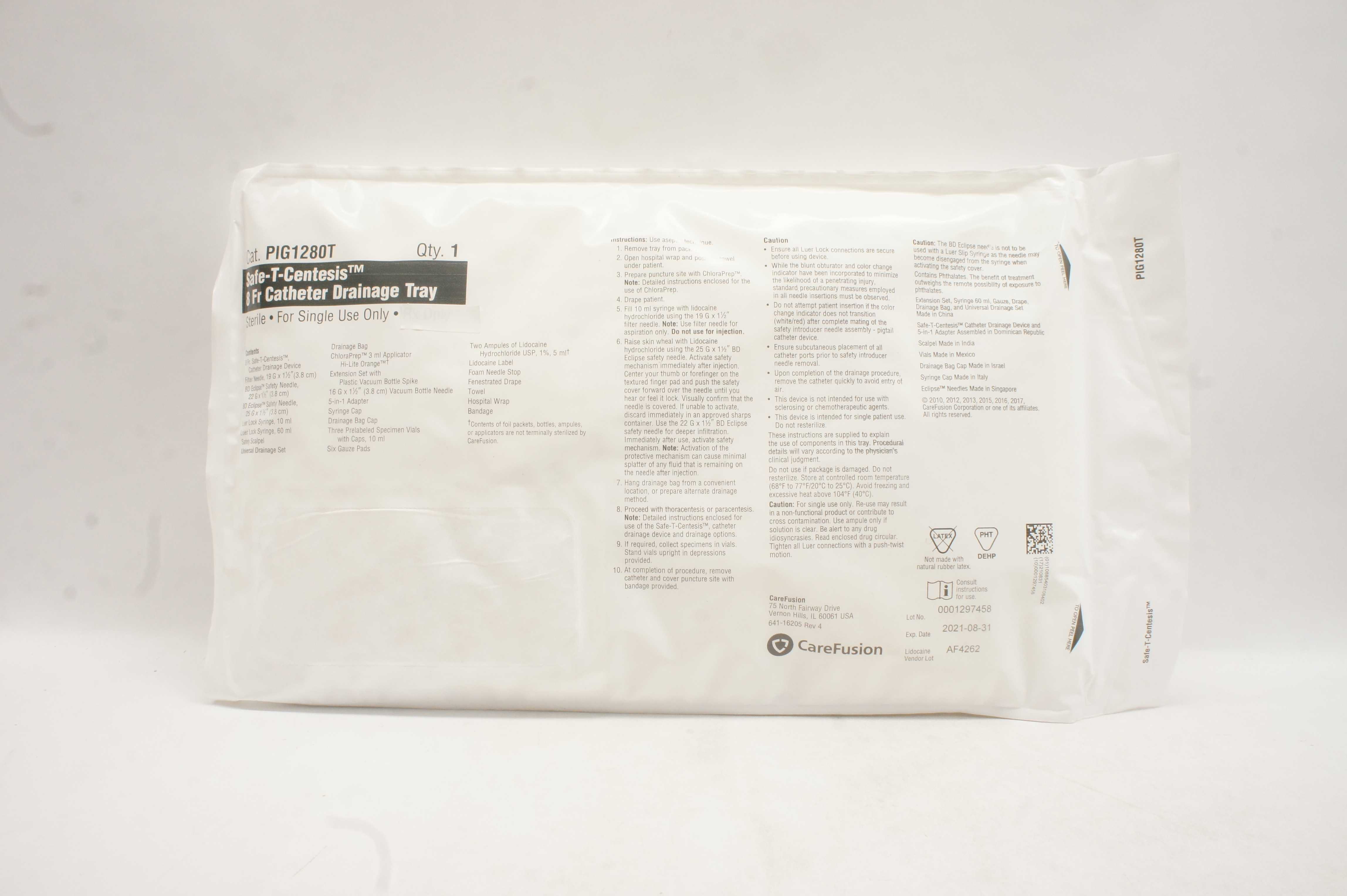 CareFusion PIG1280T Safe-T-Centesis 8Fr. Cath. Drainage Tray