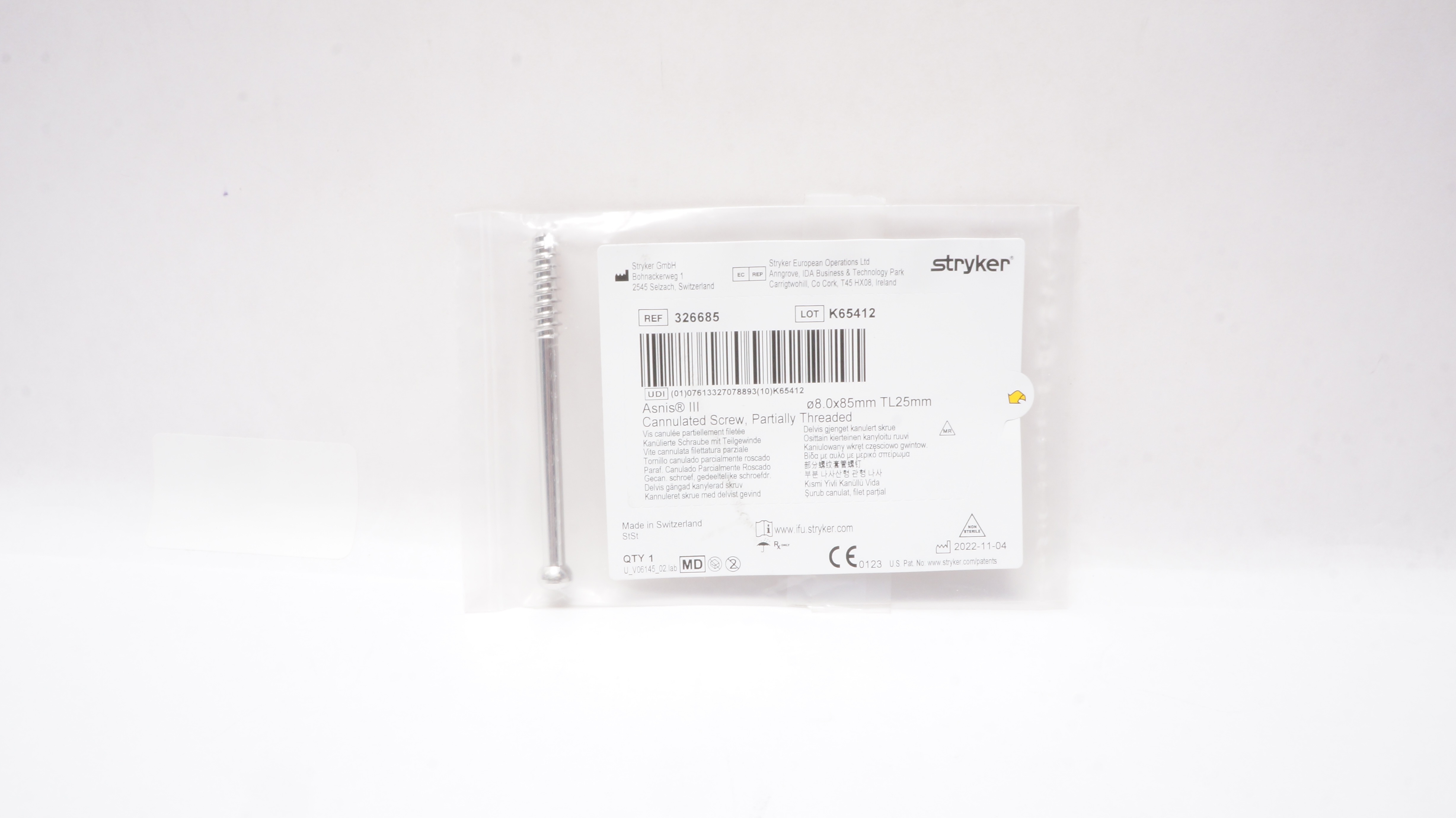 Stryker 326685 Asnis III Cannulated Screw, Partially Threaded 8.0x85mm TL25mm