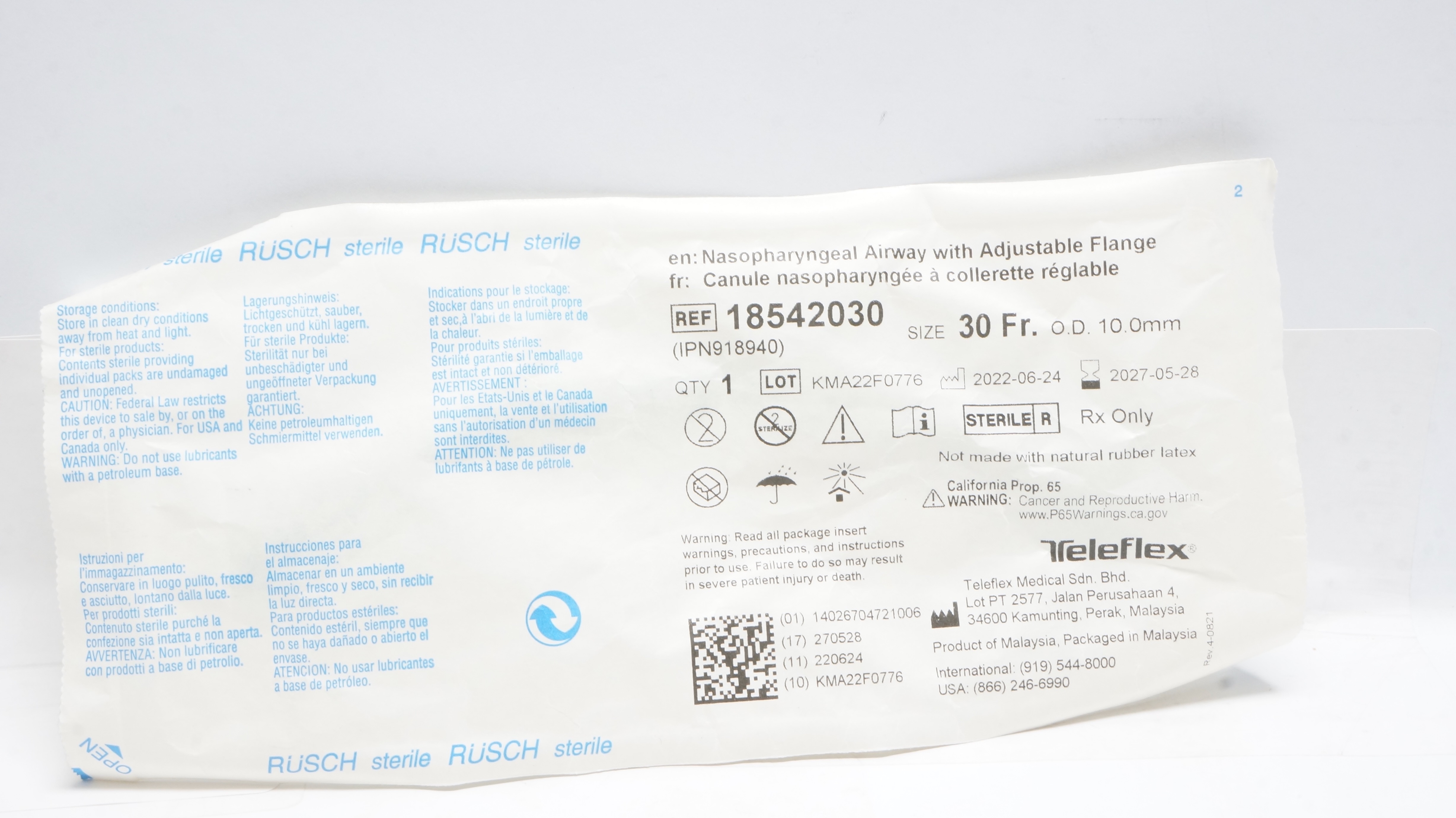 Teleflex 18542030 Nasopharyngeal Airway with Adjustable Flange 30Fr x 10mm OD