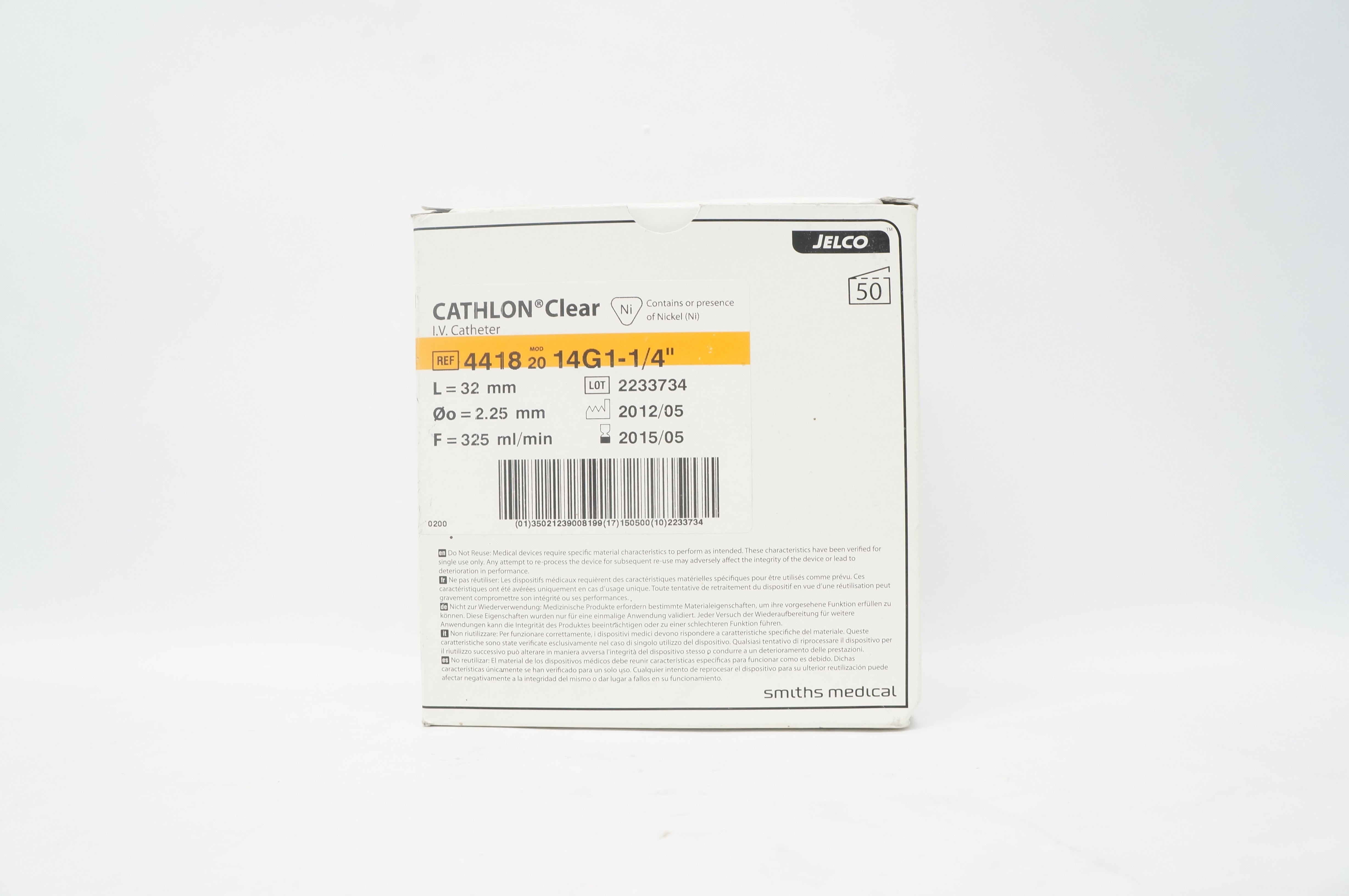 Smiths Medical 4418 Jelco Cathlon Clear IV Cath. 14G1-1/4inch (x) - Box of 50