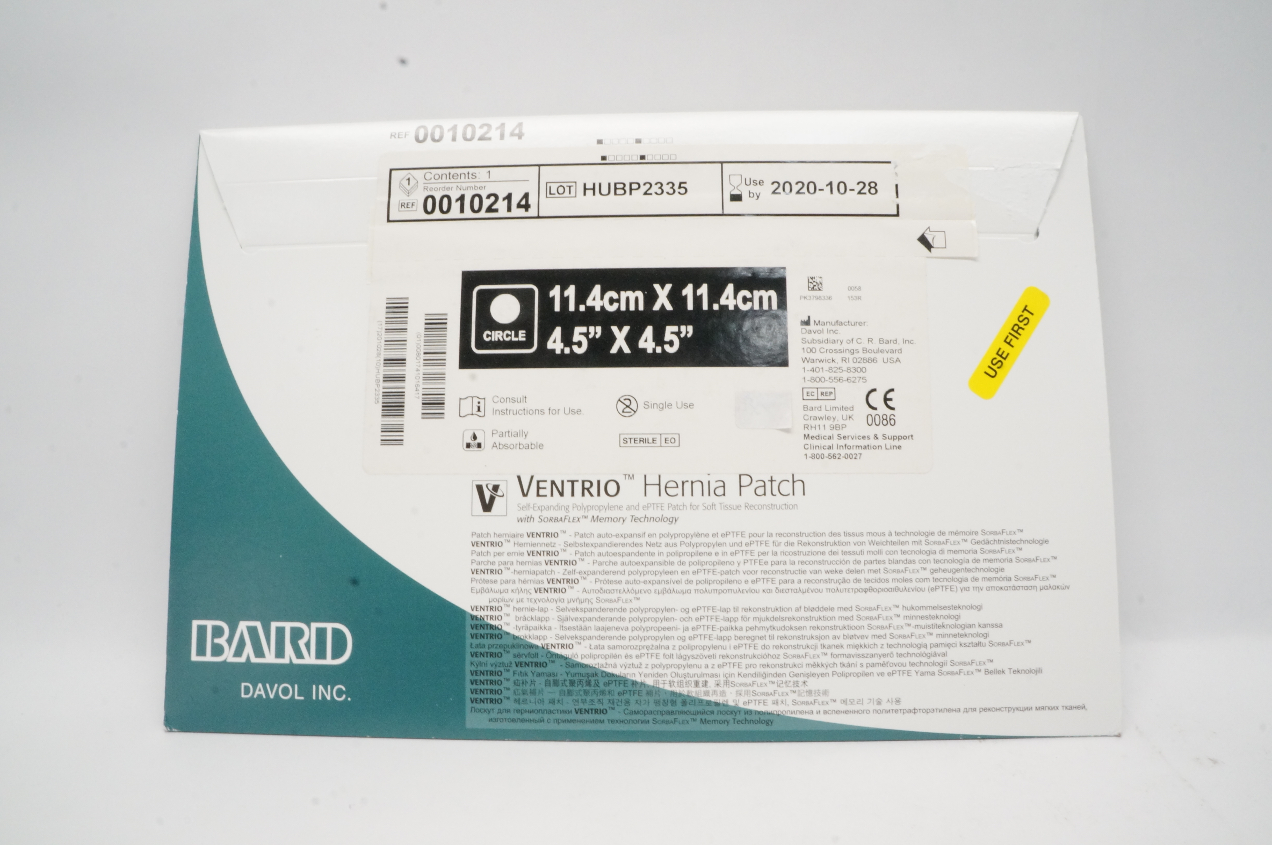 Bard 0010214 Ventrio Hernia Patch Self Expanding Polypropylene 4.5 x 4.5inch (x)