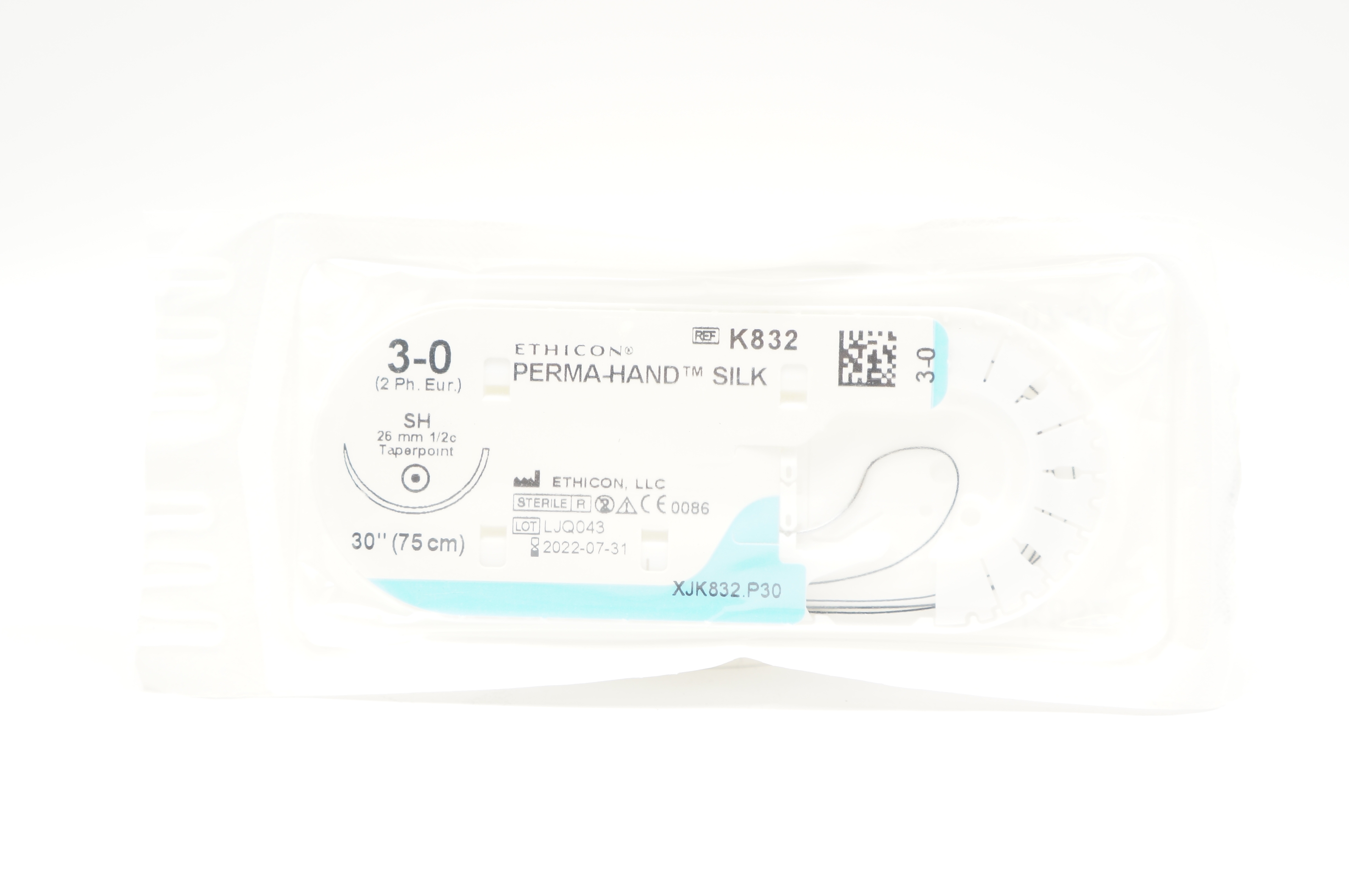 Ethicon K832 3-0 PERMA-HAND SILK, SH, 26mm 1/2c Taperpoint, 30inch