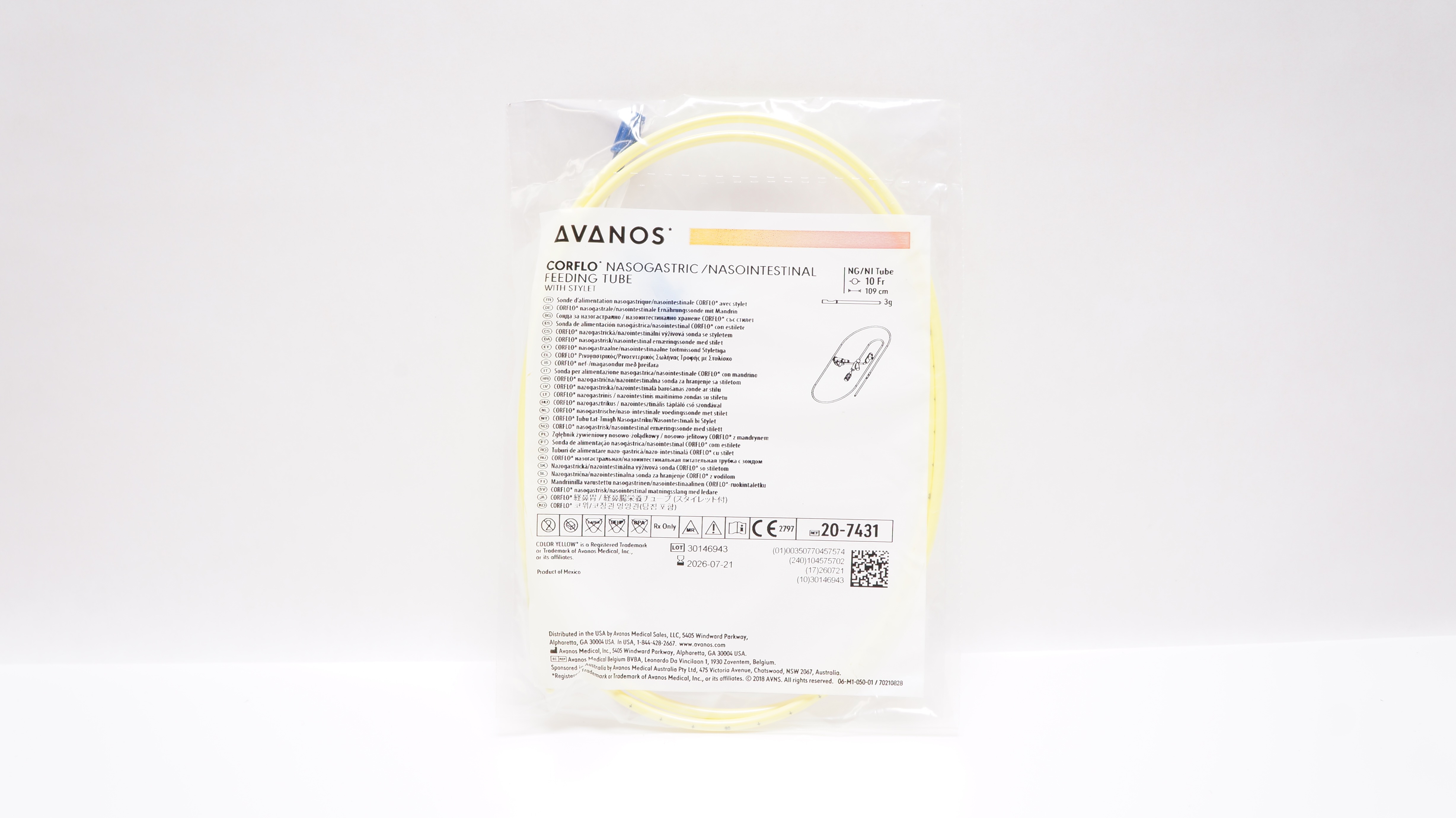 Avanos 20-7431 Corflo NG/NI Feeding Tube w/Stylet 10Fr x 109cm