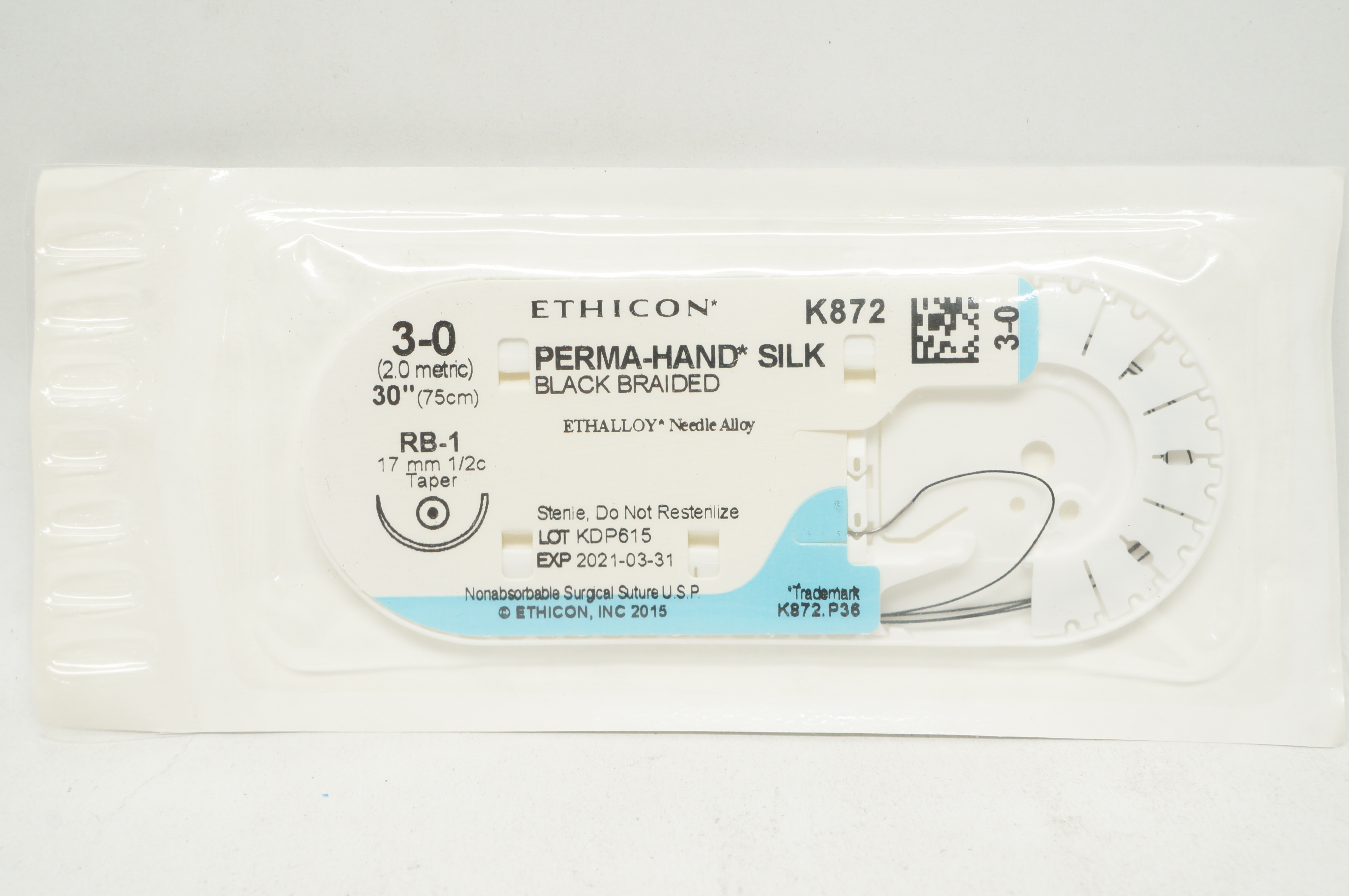 Ethicon K872 3-0 Perma-Hand Silk Stre RB-1 17mm 1/2c Taper 30inch (x)