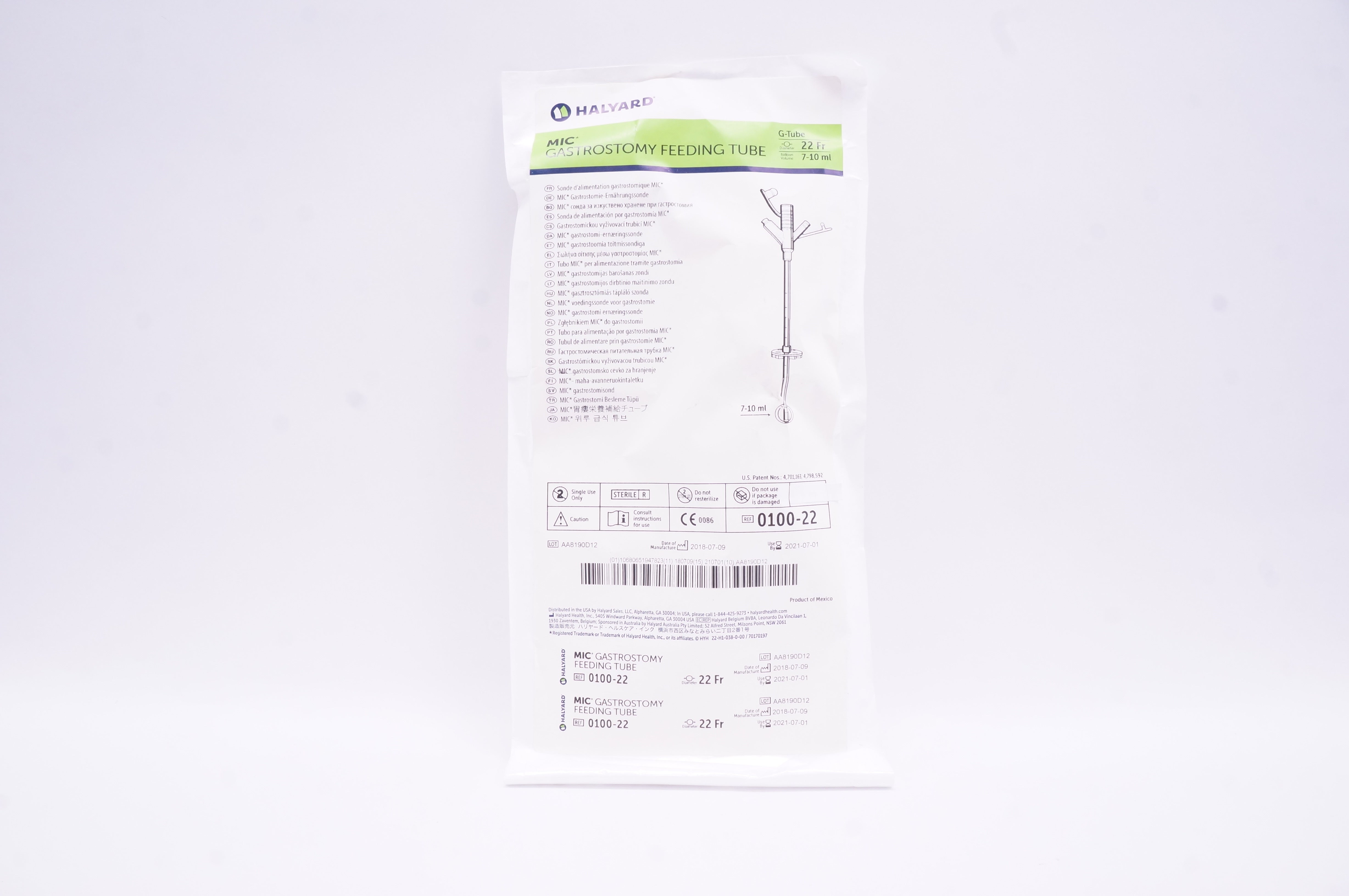 Halyard 0100-22 MIC Gastrostomy Feeding Tube 22 Fr, 7-10ml