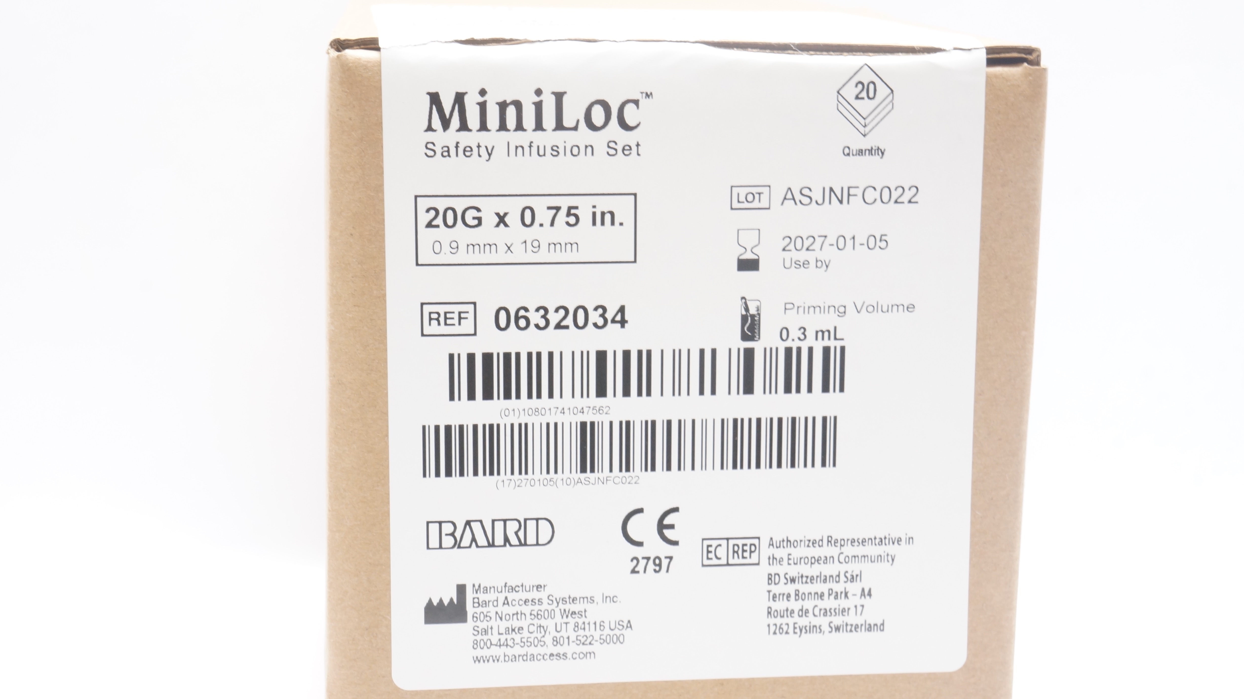 Bard 0632034 MiniLoc Safety Infusion Set 20G x 0.75inch, 0.3ml - Box of 20