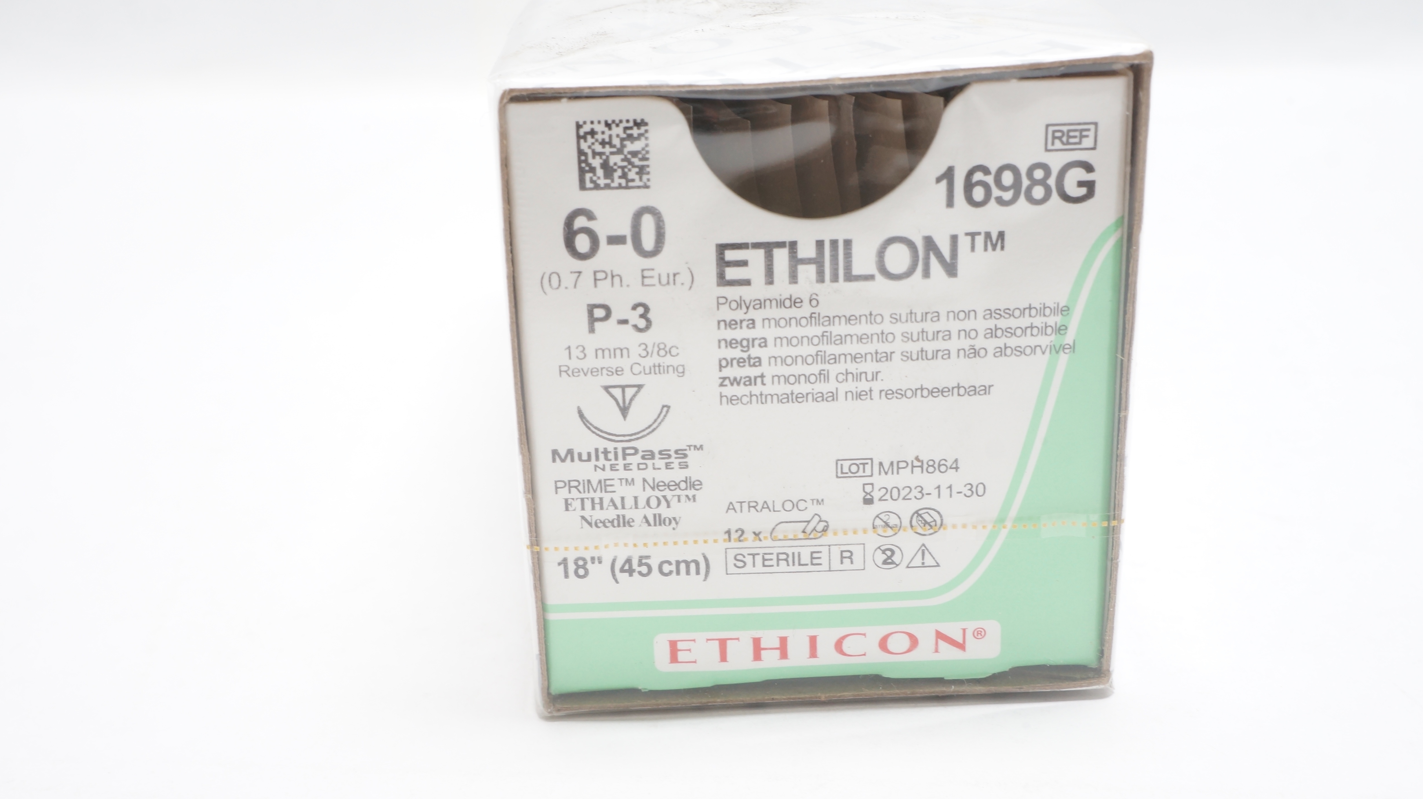Ethicon 1698G 6-0 ETHILON Stre P-3 13mm 3/8c Reverse Cutting 18in (x)- Box of 12