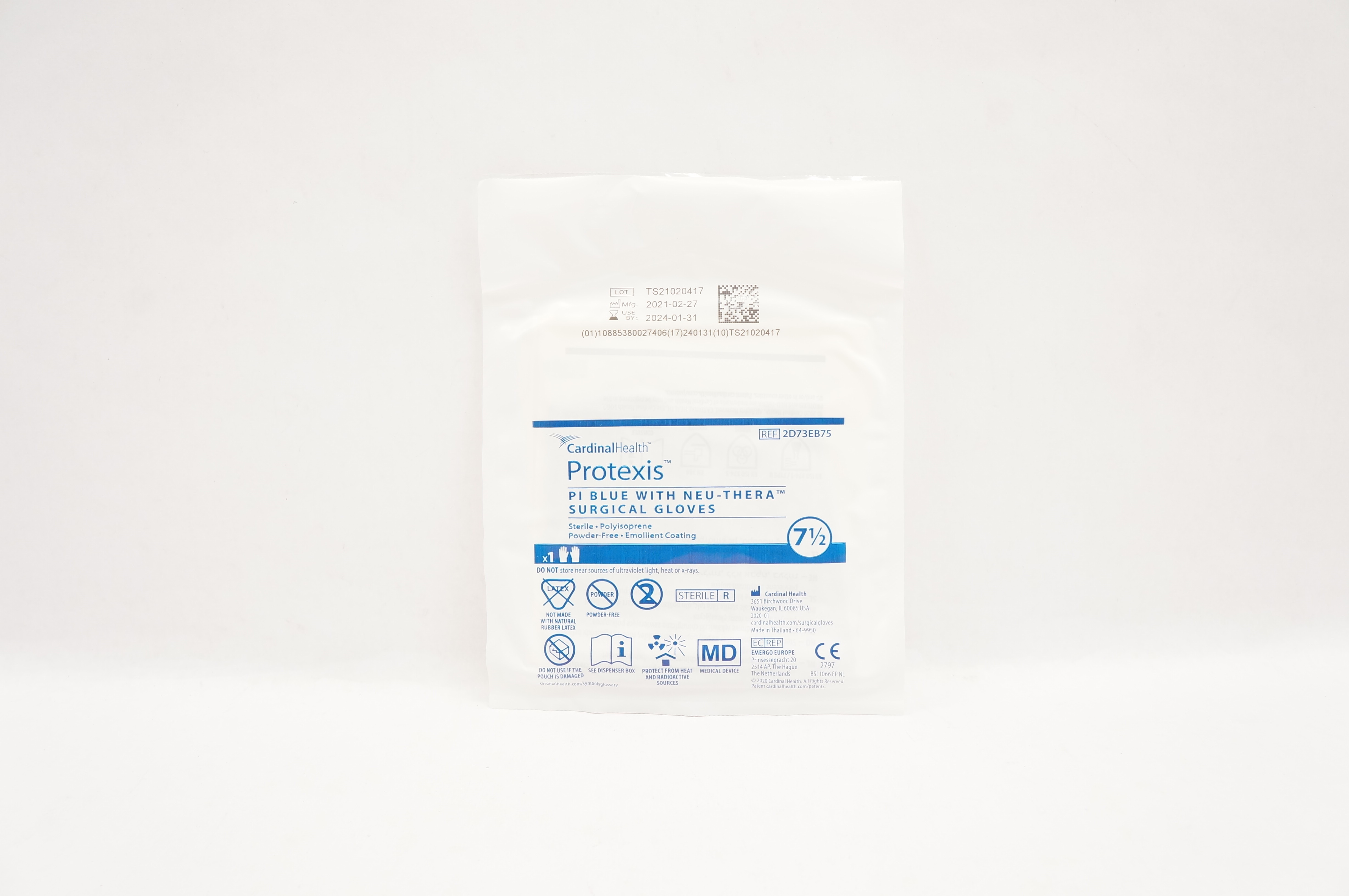 Cardinal Health 2D73EB75 Protexis PI Blue W/Neu-Thera Surgical Gloves Size 7-1/2