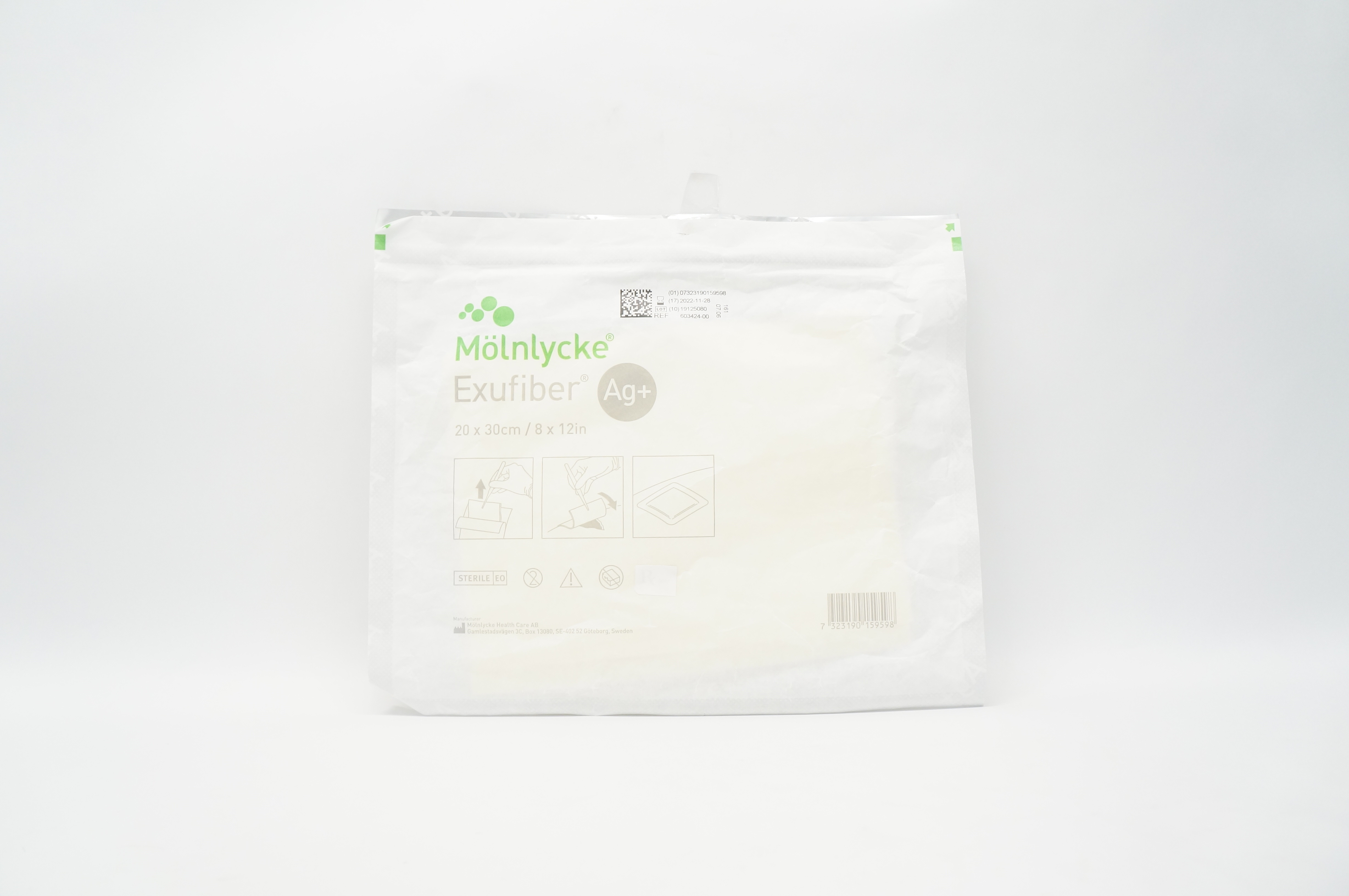 Molnlycke 603424-00 Exufiber Ag+ Antimicrobial Gelling Fiber Dressing 8 x 12inch