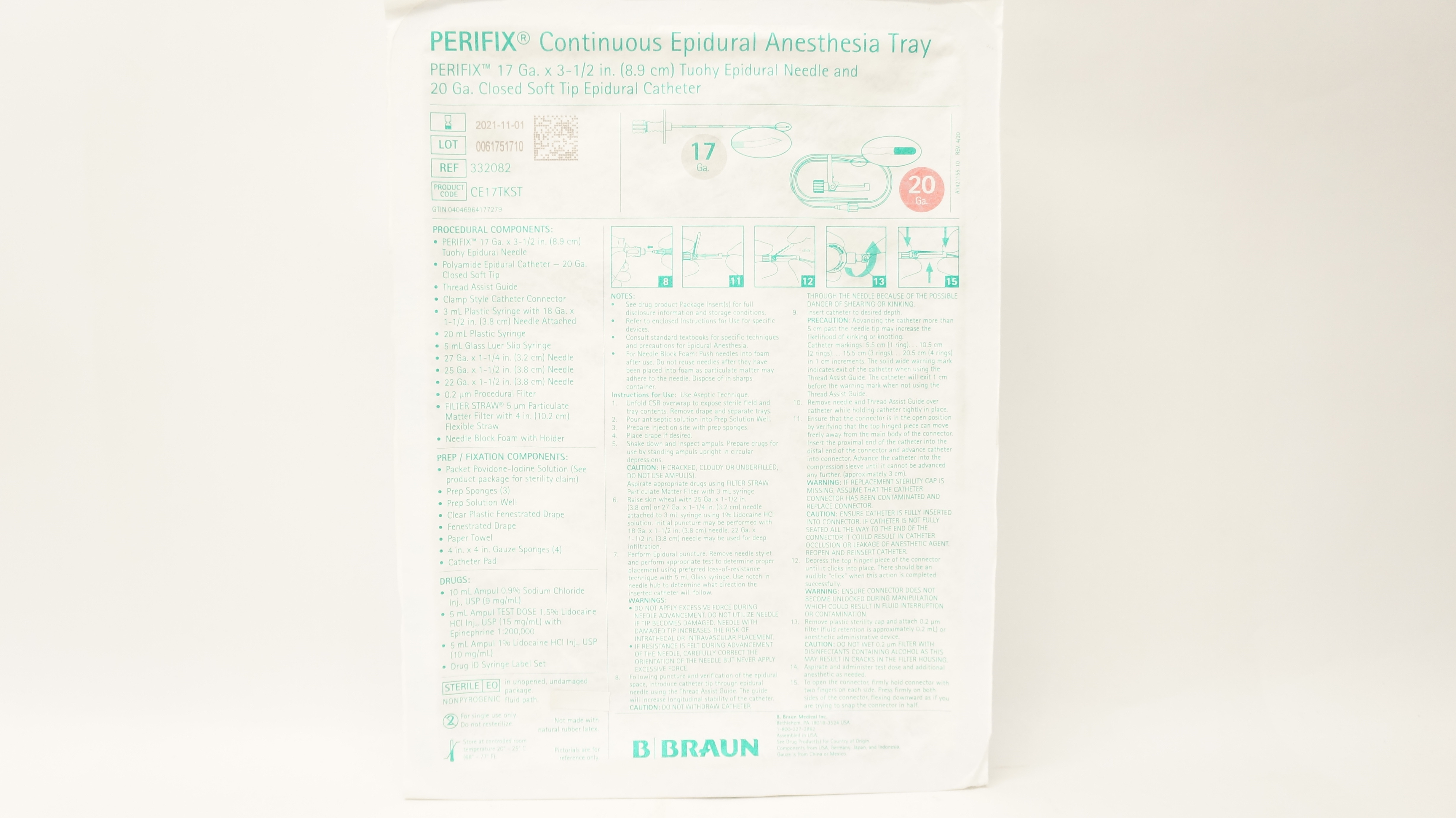 Braun 332082 PERIFIX Continuous Epidural Anesthesia Tray 17Ga x 3-1/2inch (x)
