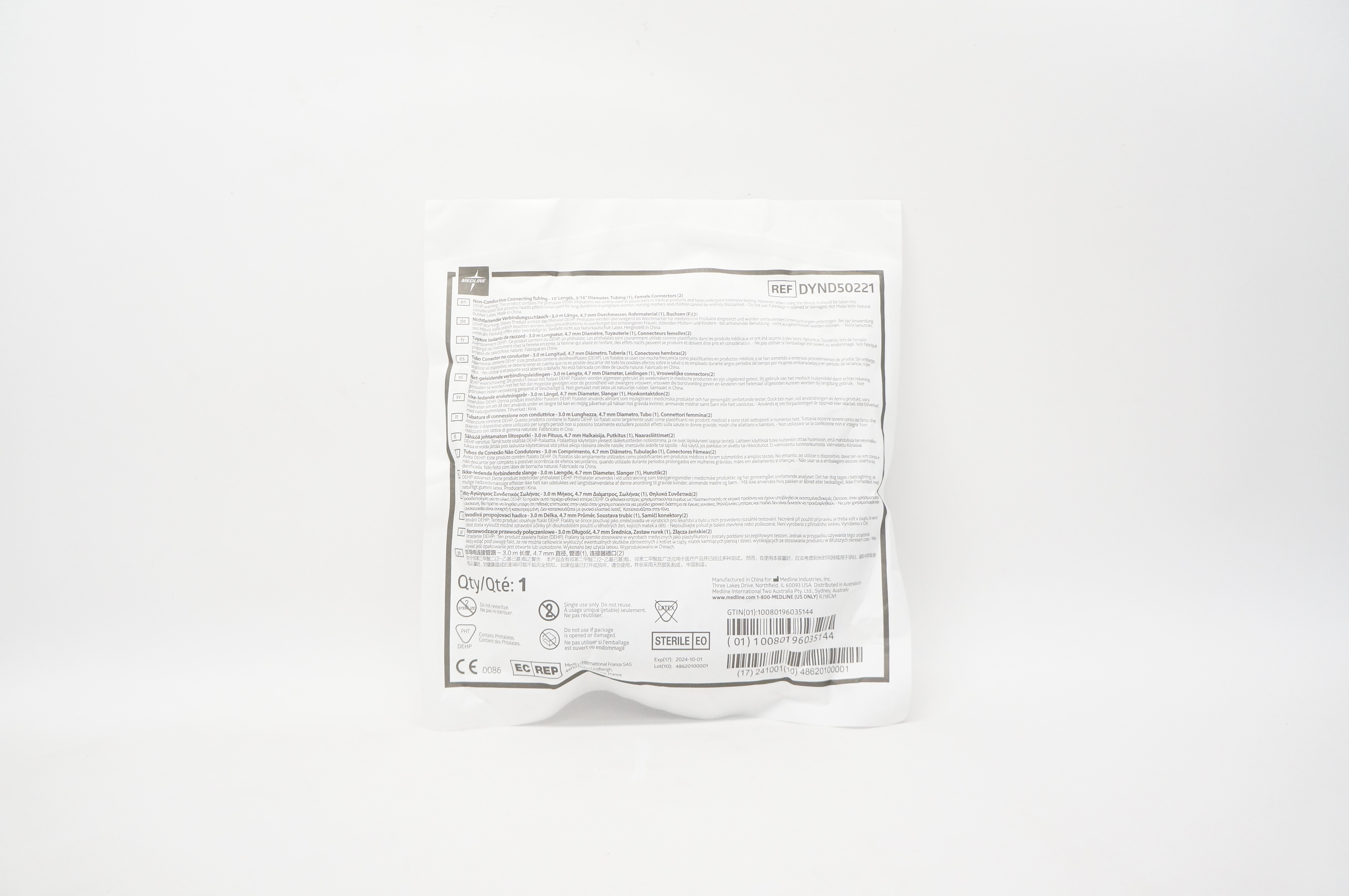 Medline DYND50221 Non-Conductive Connecting Tubing 20 inch Length Diam 3/16inch