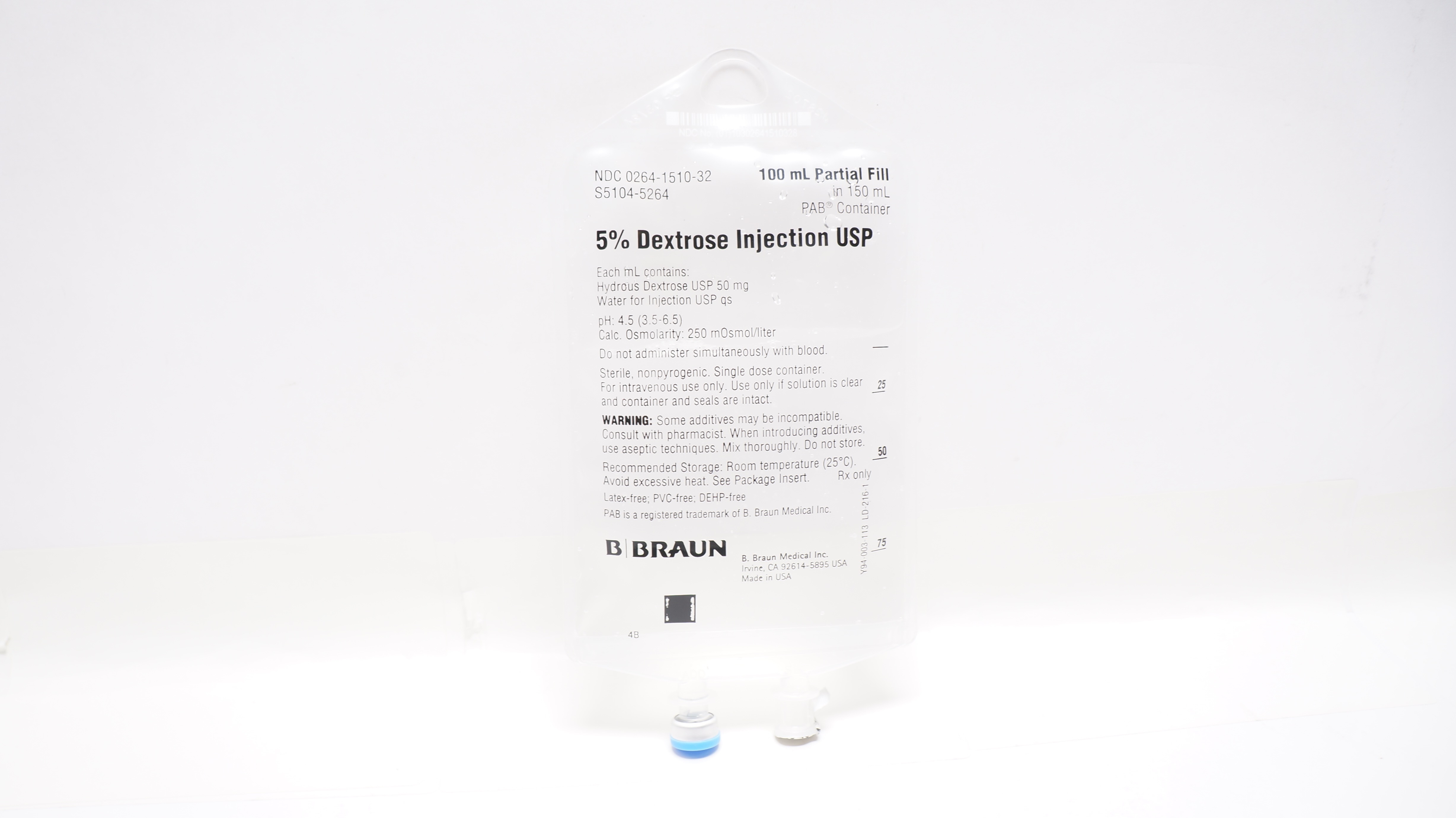 B. Braun S5104-5264 5% Dextrose Injection USP, 100 Fill in 150mL PAB Container