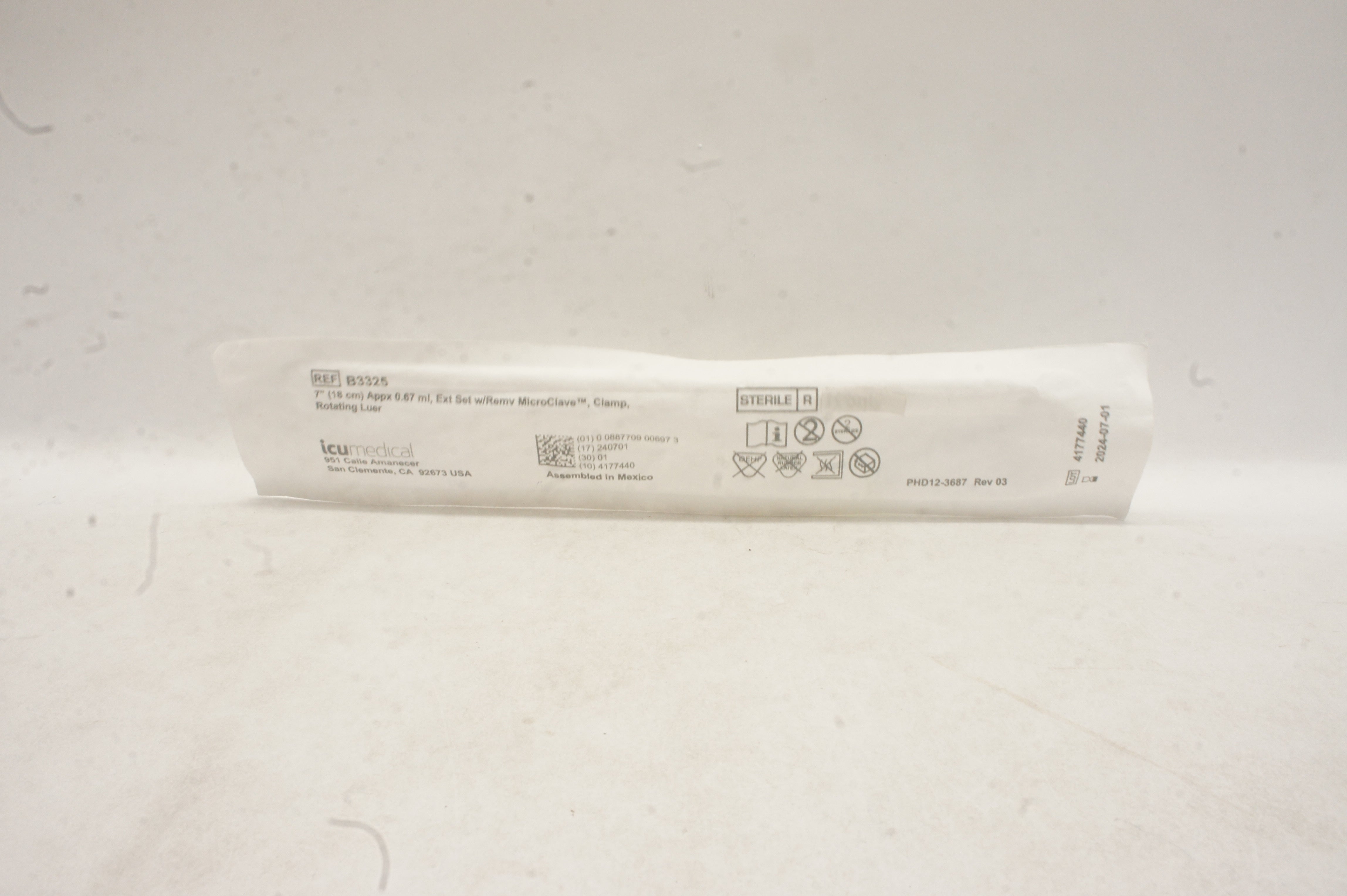 ICU Medical B3325 7inch Appx 0.67ml, Ext Set w/Remv MicroClave, Clamp