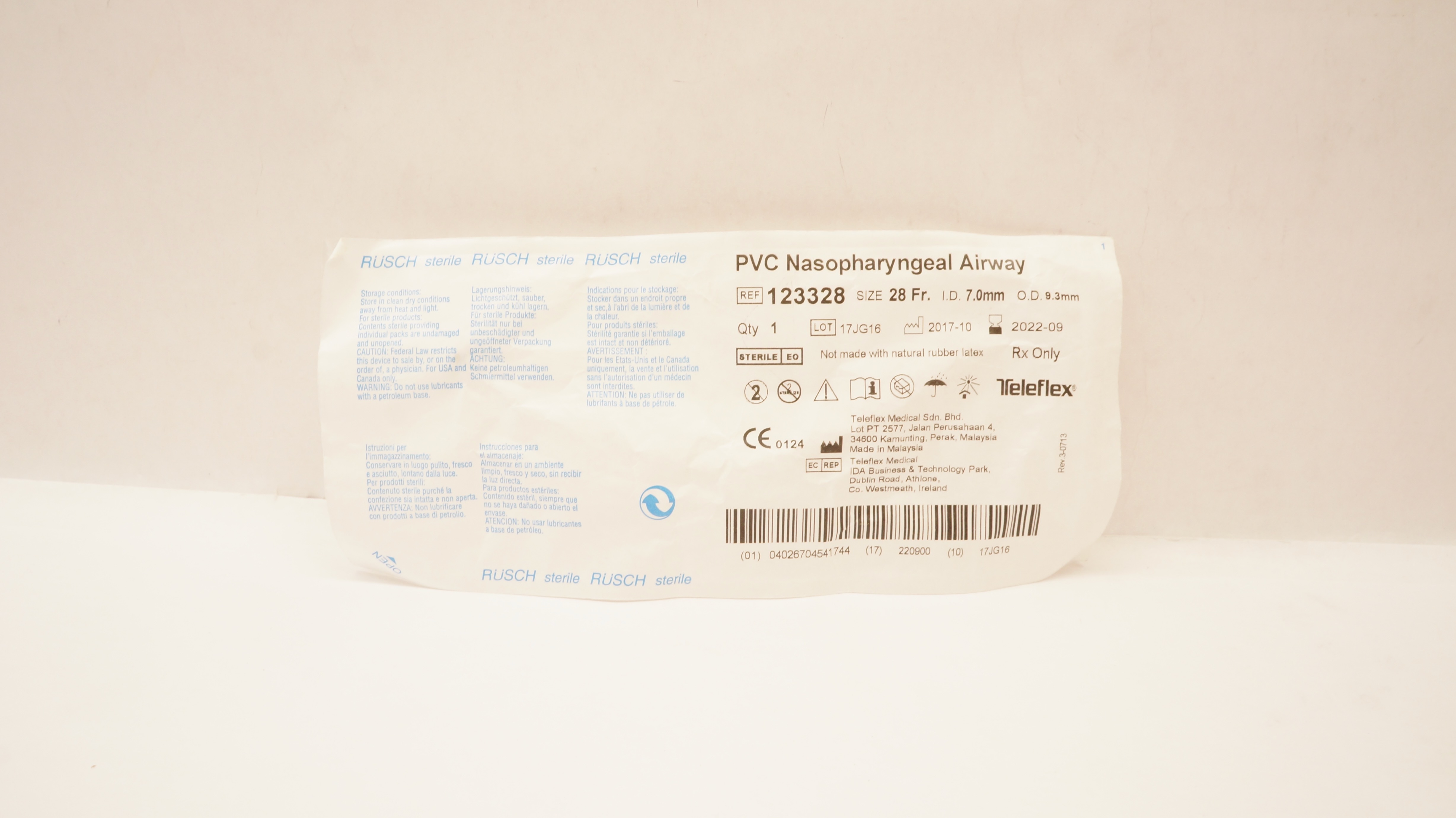 Teleflex 123328 PVC Nasopharyngeal Airway 28Fr. ID 7.0mm OD 9.3mm (x)