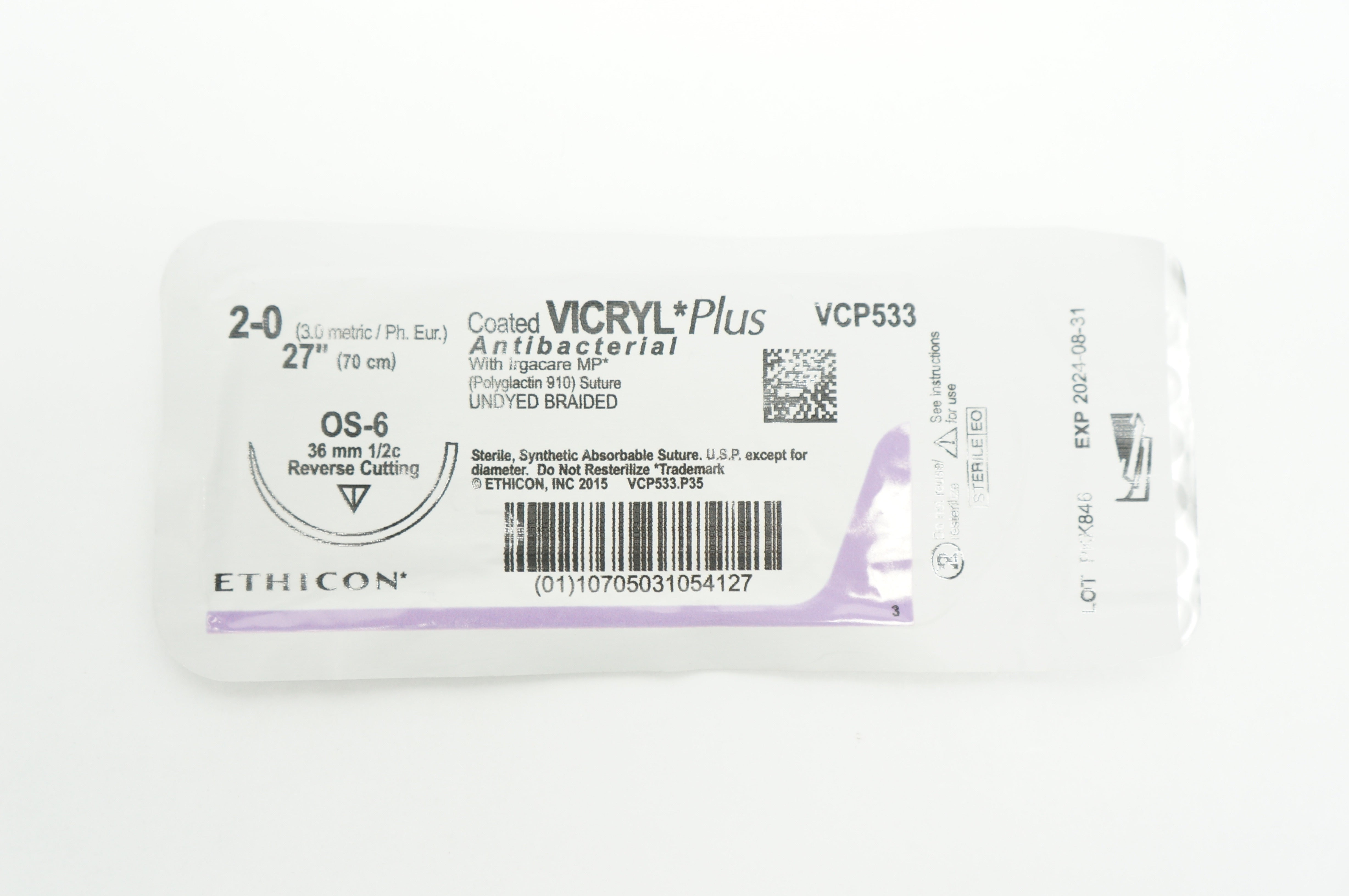 Ethicon VCP533 2-0 VICRYL Plus OS-6 36mm 1/2c Reverse Cutting 27inch