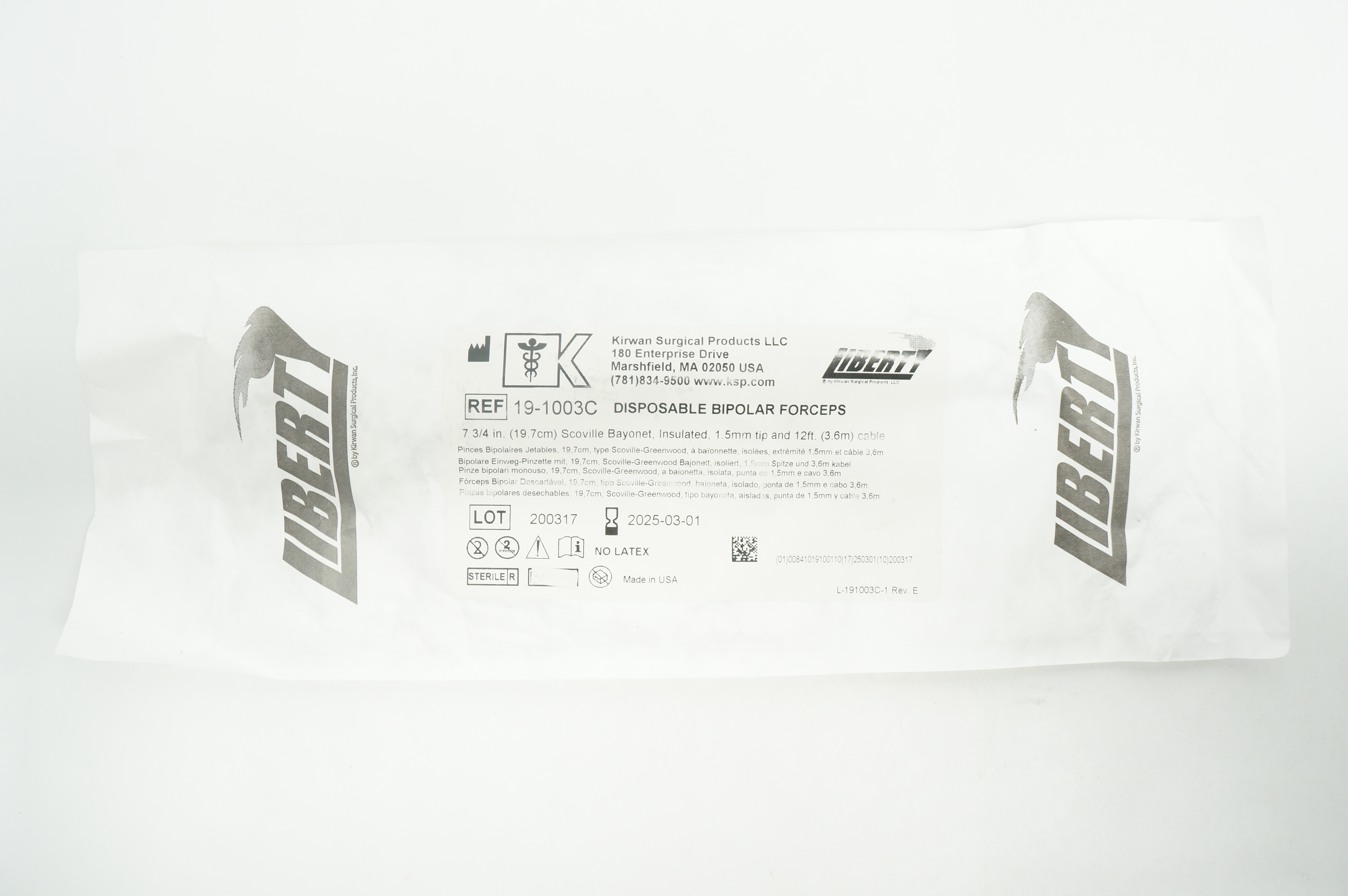 Kirwan Surgical 19-1003C Disposable Bipolar Forceps, 7-3/4 inch