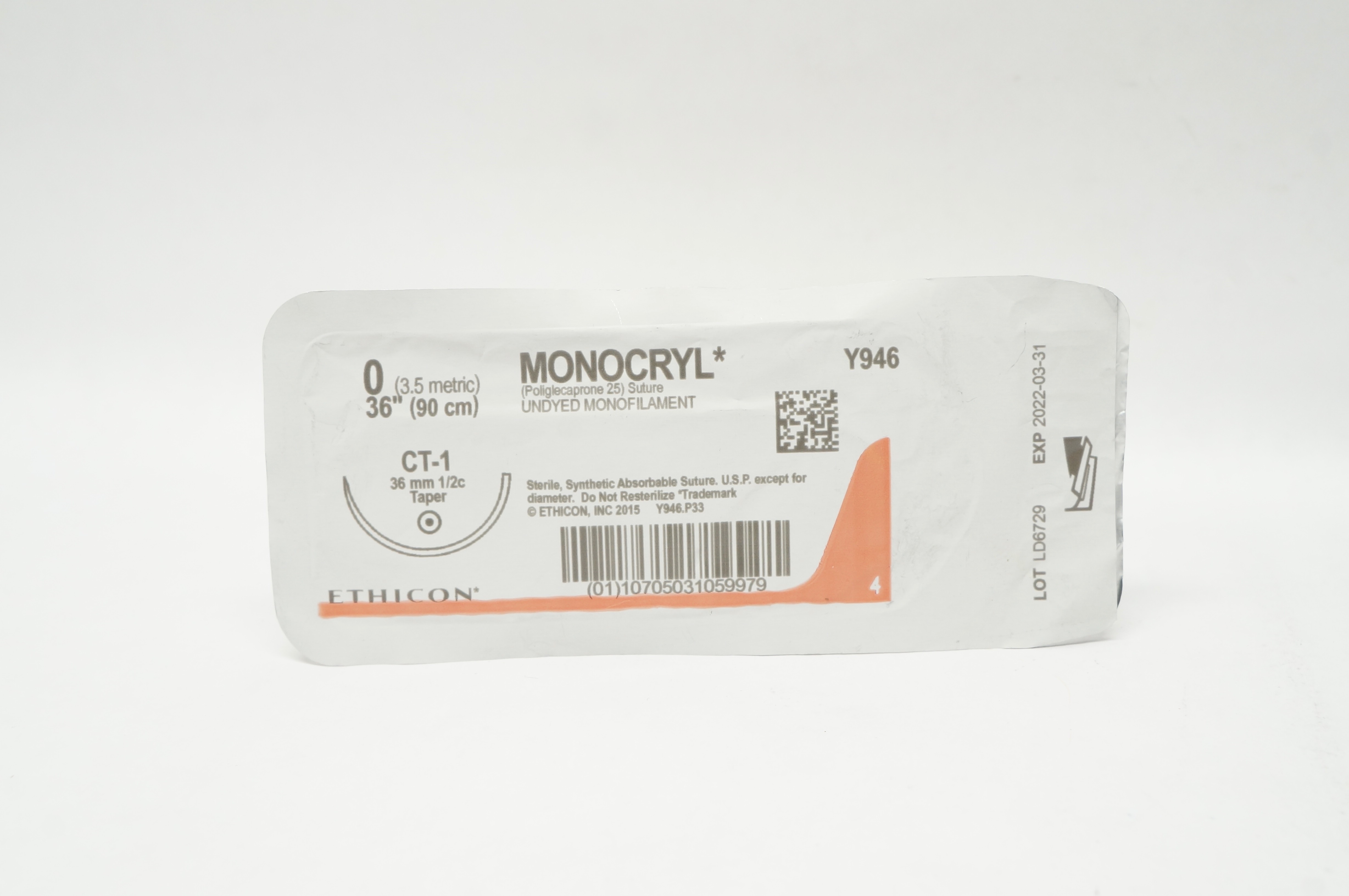Ethicon Y946 0 MONOCRYL Stre Undyed Monofilament CT-1 36mm 1/2c Taper 36inch (x)