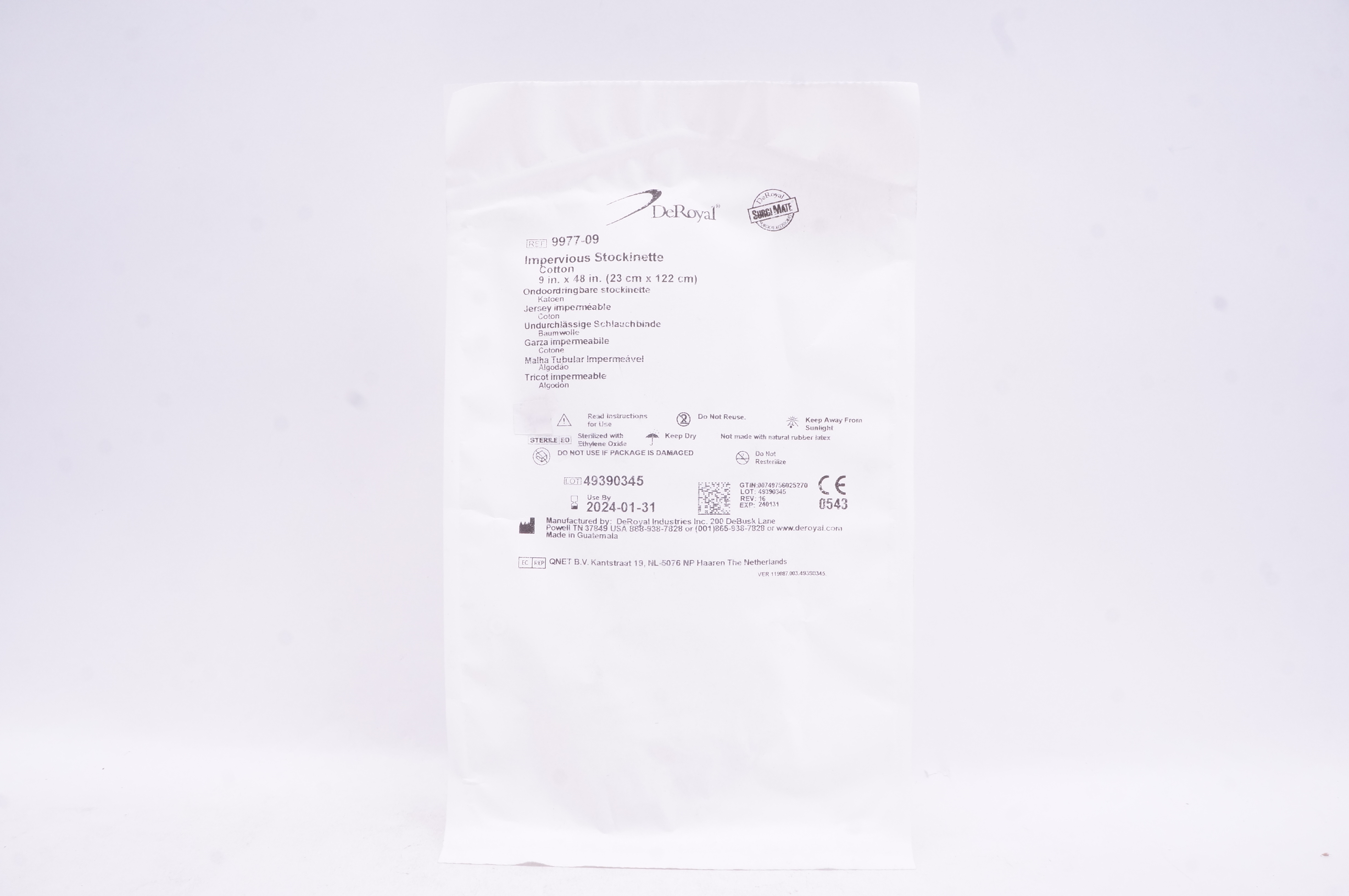 DeRoyal 9977-09 Impervious Stockinette Cotton 9inch x 48inch