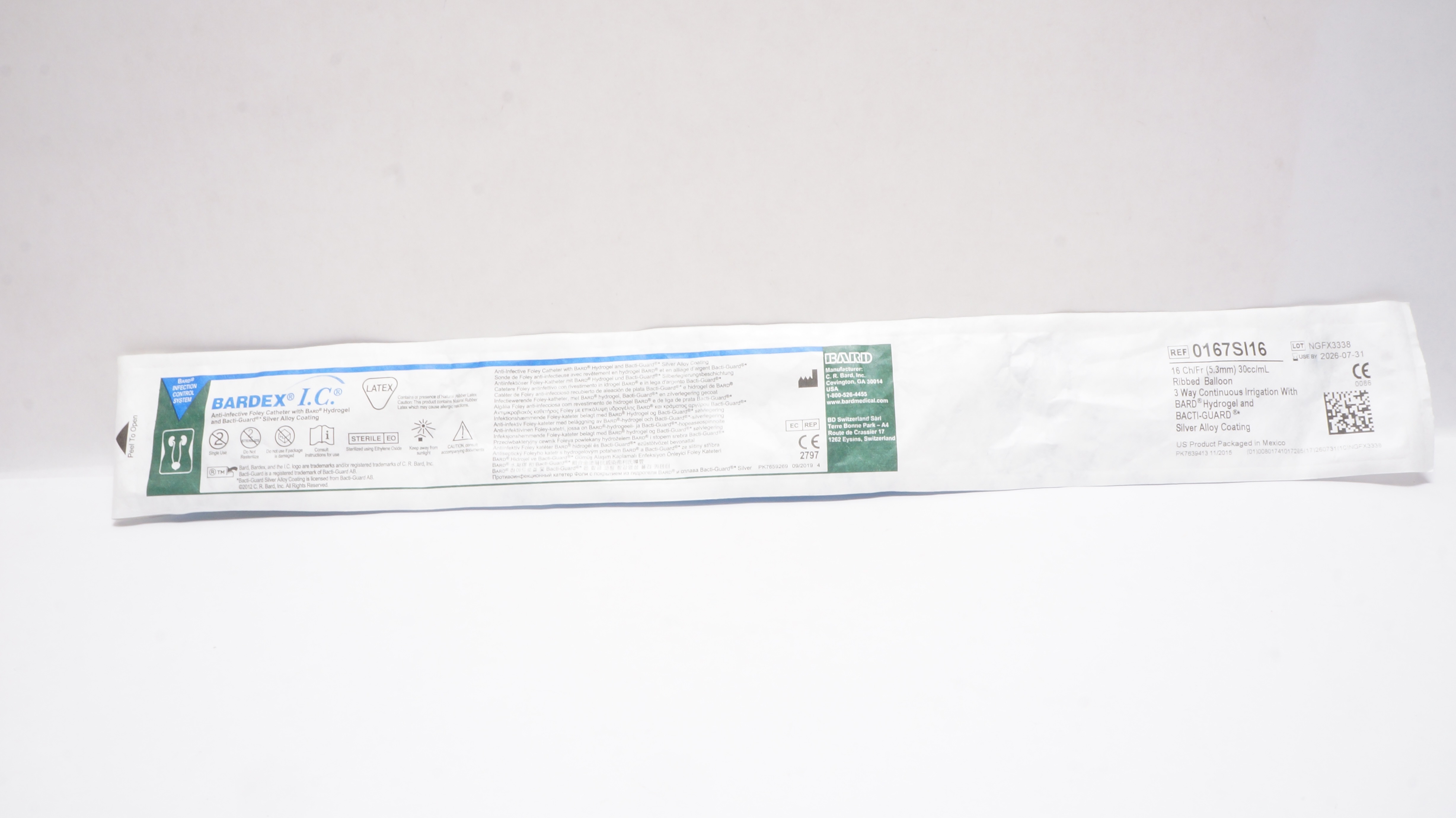 Bard 0167SI16 Bardex IC Anti-Infective Foley Cath.16Ch/Fr 30cc/mL Ribbed Balloon