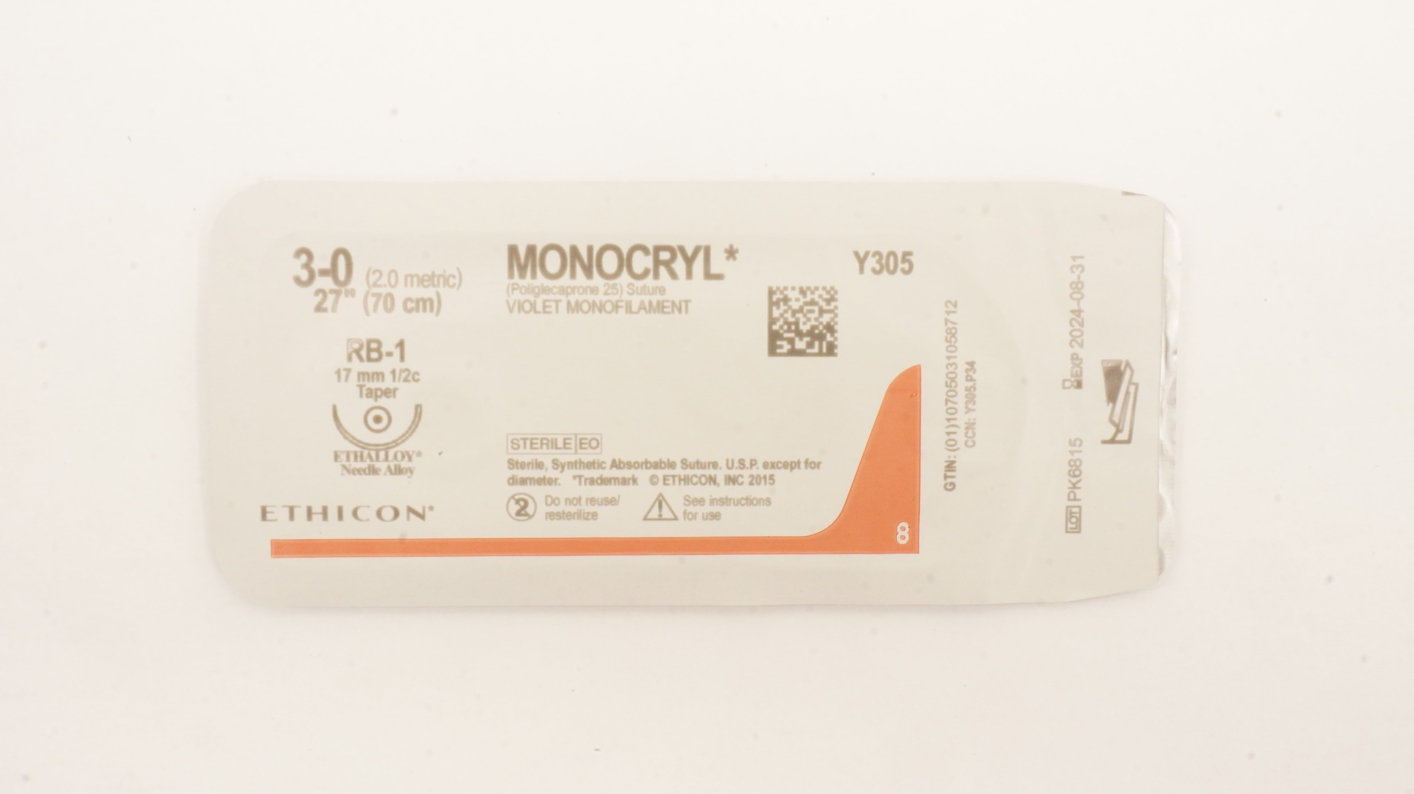 Ethicon Y305 3-0 MONOCRYL Poliglecaprone 25 Stre RB-1, 17mm 1/2c Taper, 27inch