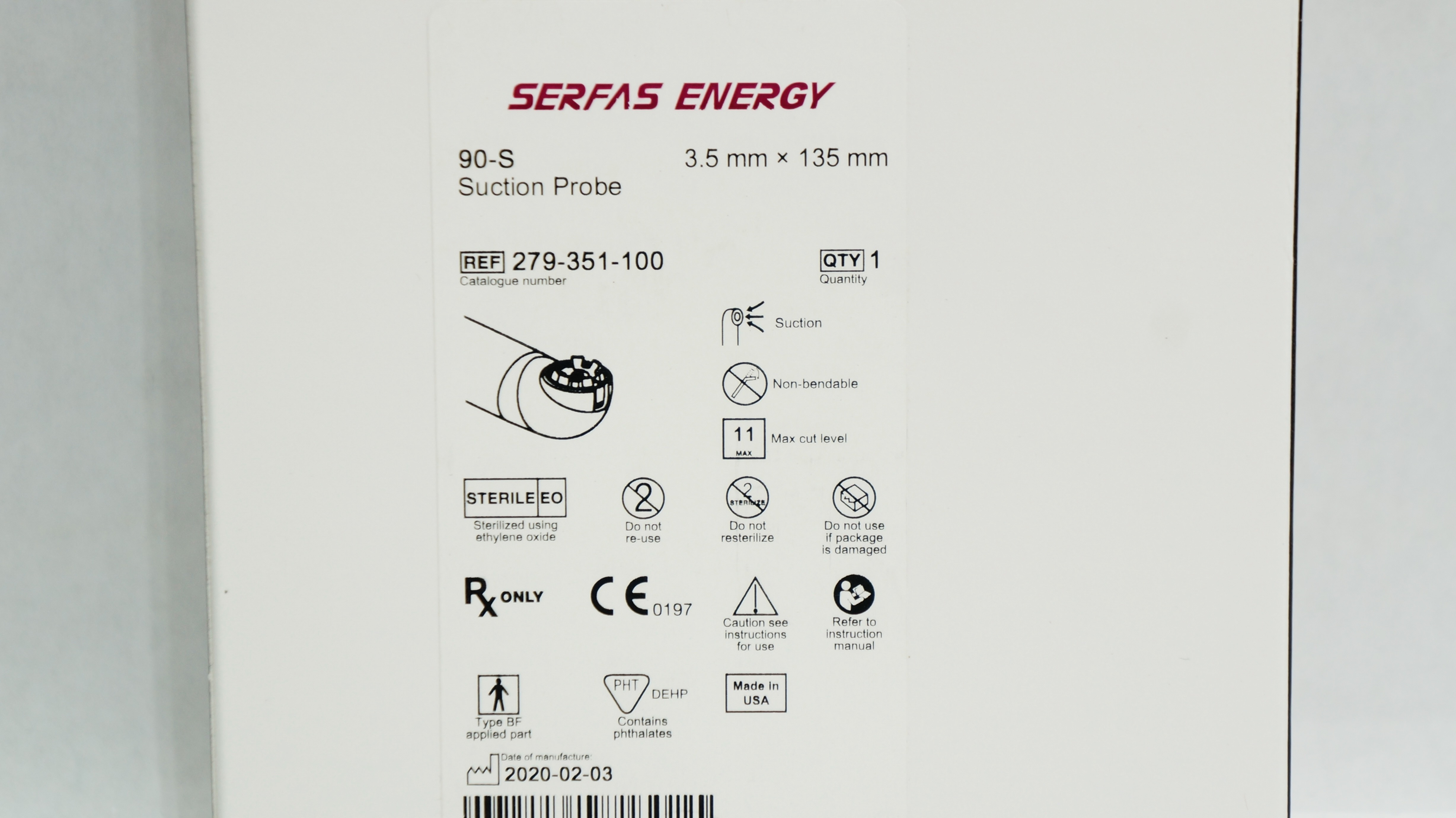 Stryker 279-351-100 Serfas Energy 90-S Suction Probe 3.5mm x 135mm (x)